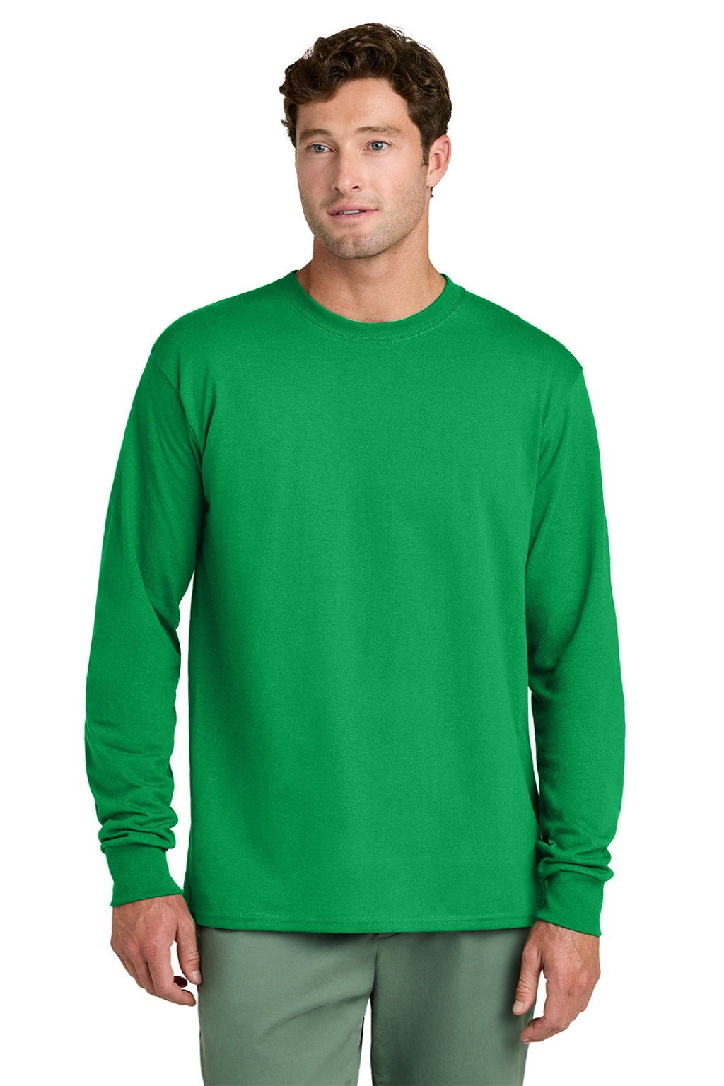 Port & Company PC54LS Mens Core Long Sleeve Crewneck T-Shirt Clover Green Model Front