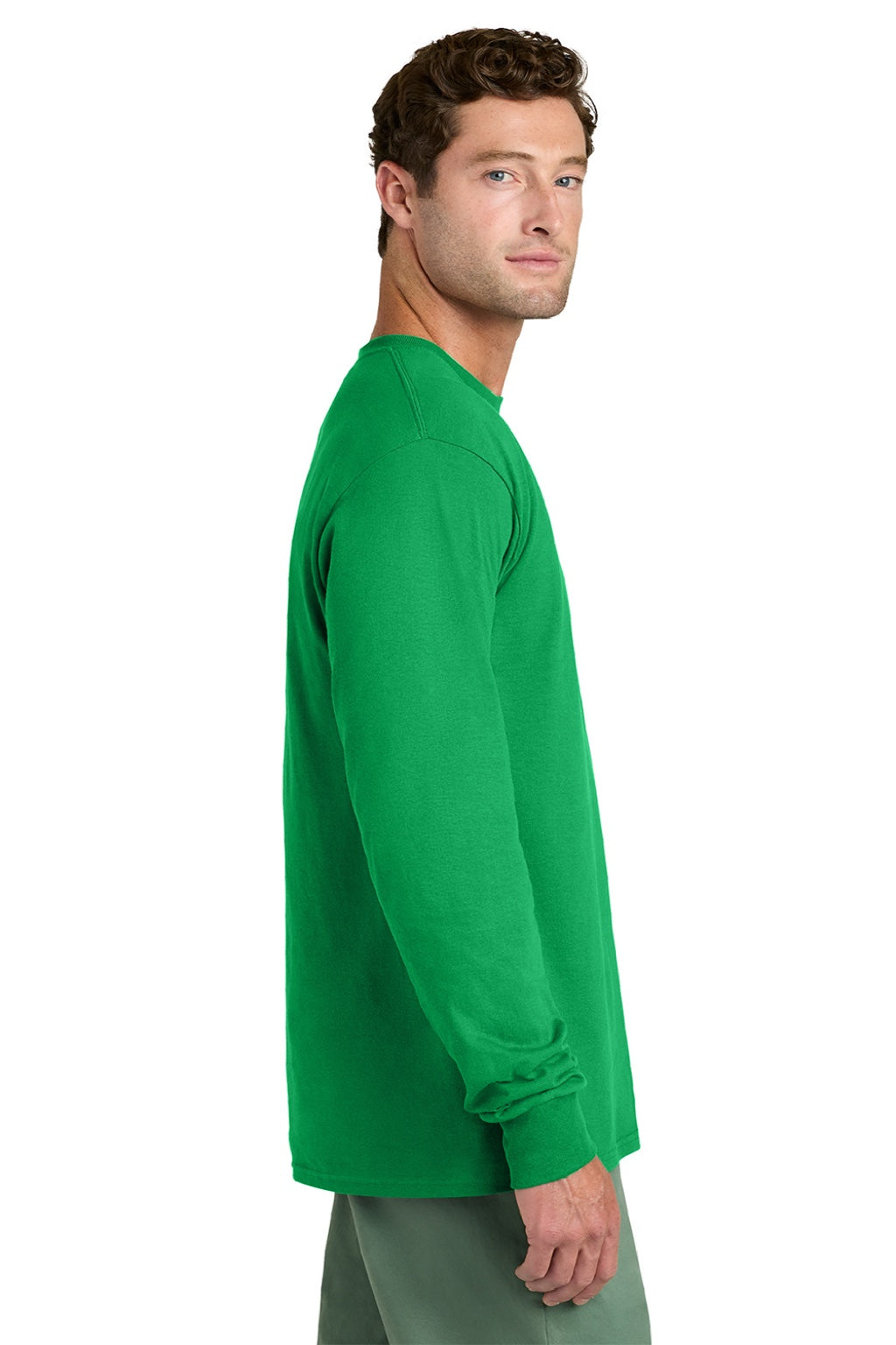 Port & Company PC54LS Mens Core Long Sleeve Crewneck T-Shirt Clover Green Model Side