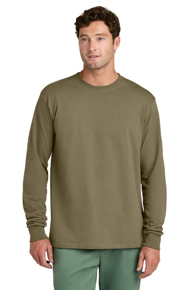 Port & Company PC54LS Mens Core Long Sleeve Crewneck T-Shirt Coyote Brown Model Front