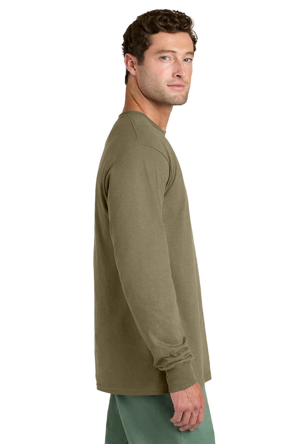 Port & Company PC54LS Mens Core Long Sleeve Crewneck T-Shirt Coyote Brown Model Side