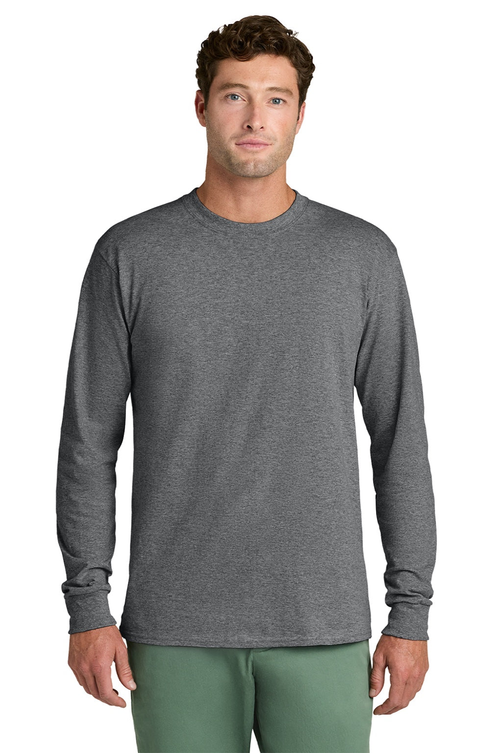 Port & Company PC54LS Mens Core Long Sleeve Crewneck T-Shirt Heather Graphite Grey Model Front