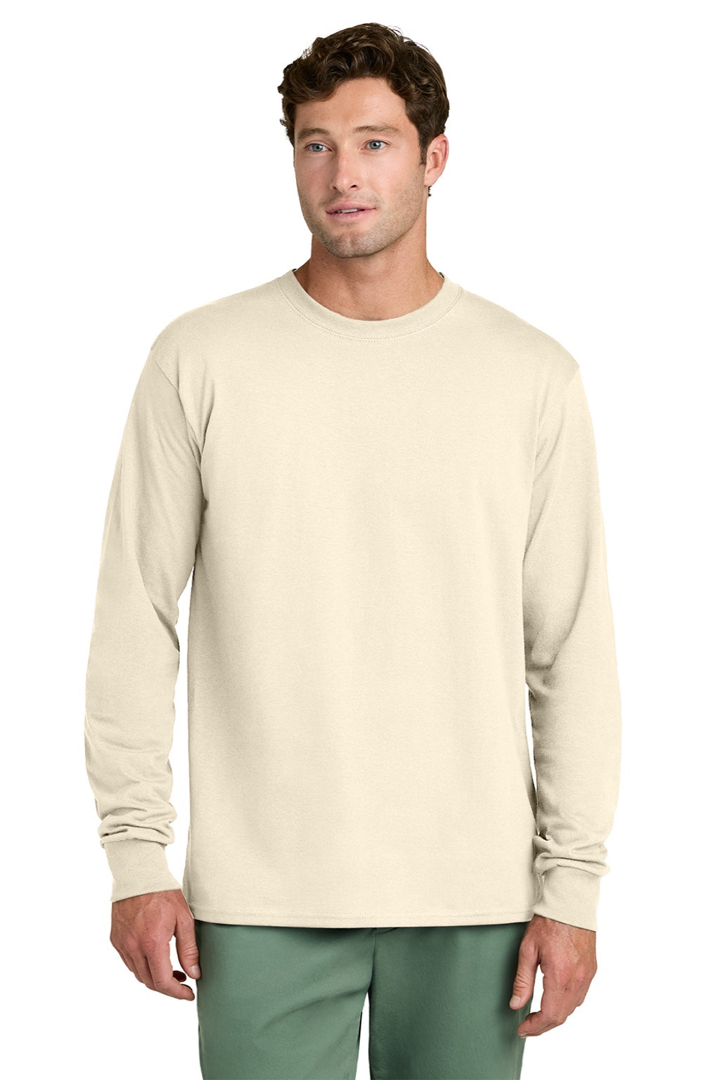 Port & Company PC54LS Mens Core Long Sleeve Crewneck T-Shirt Natural Model Front