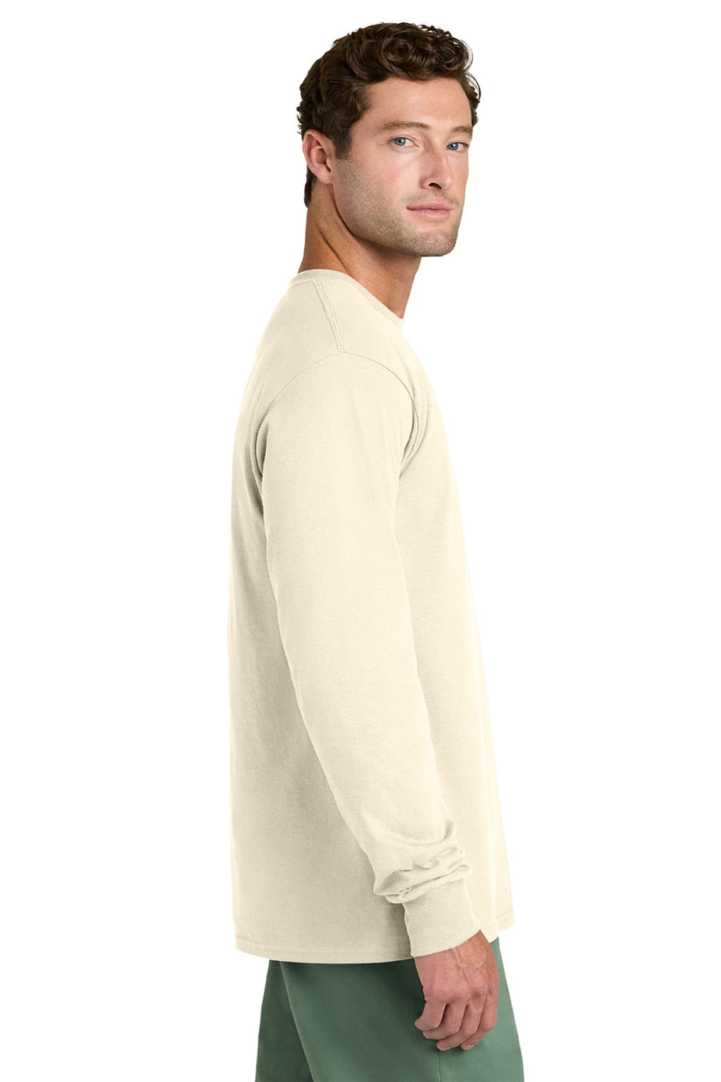 Port & Company PC54LS Mens Core Long Sleeve Crewneck T-Shirt Natural Model Side
