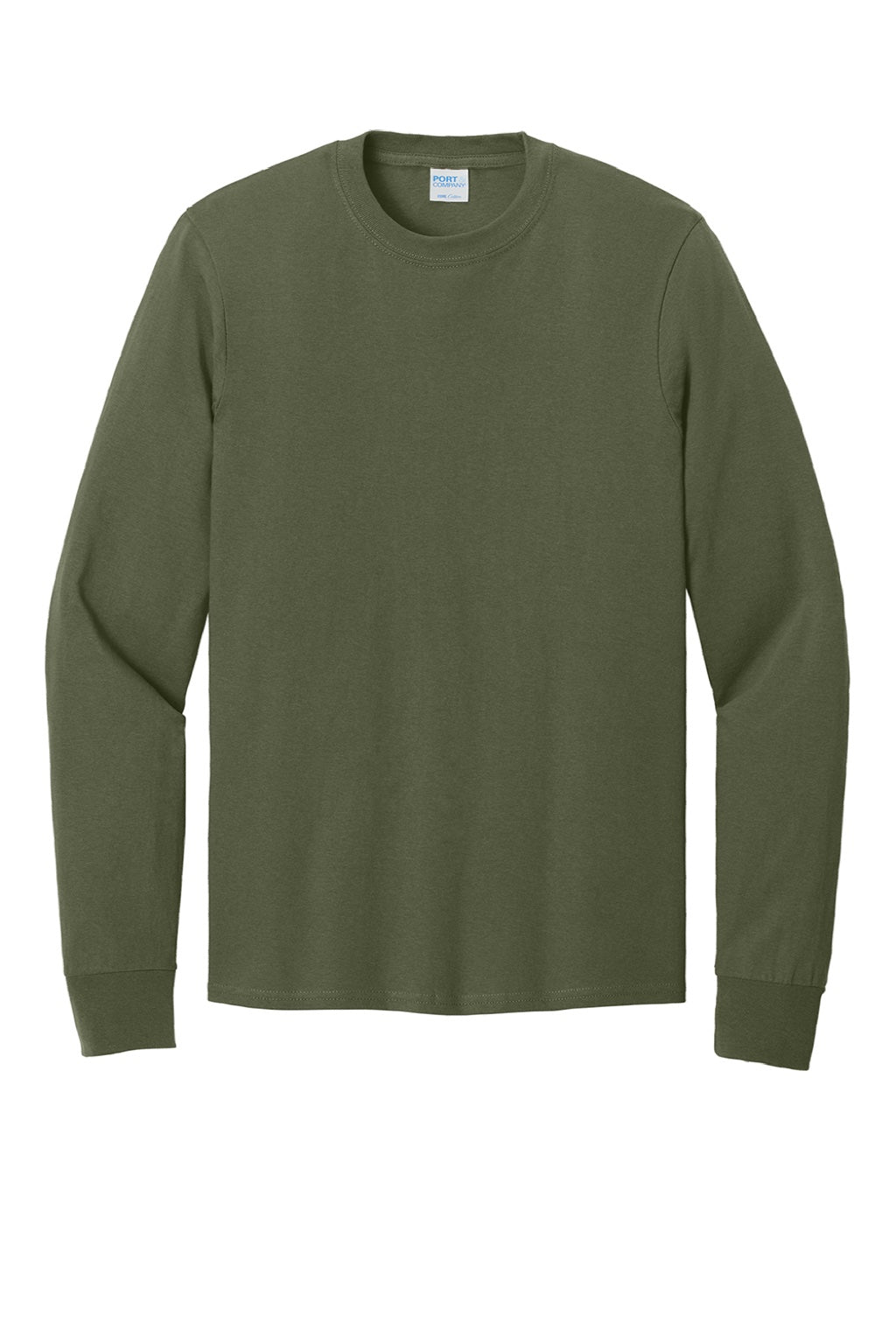 Port & Company PC54LS Mens Core Long Sleeve Crewneck T-Shirt Olive Drab Green Flat Front