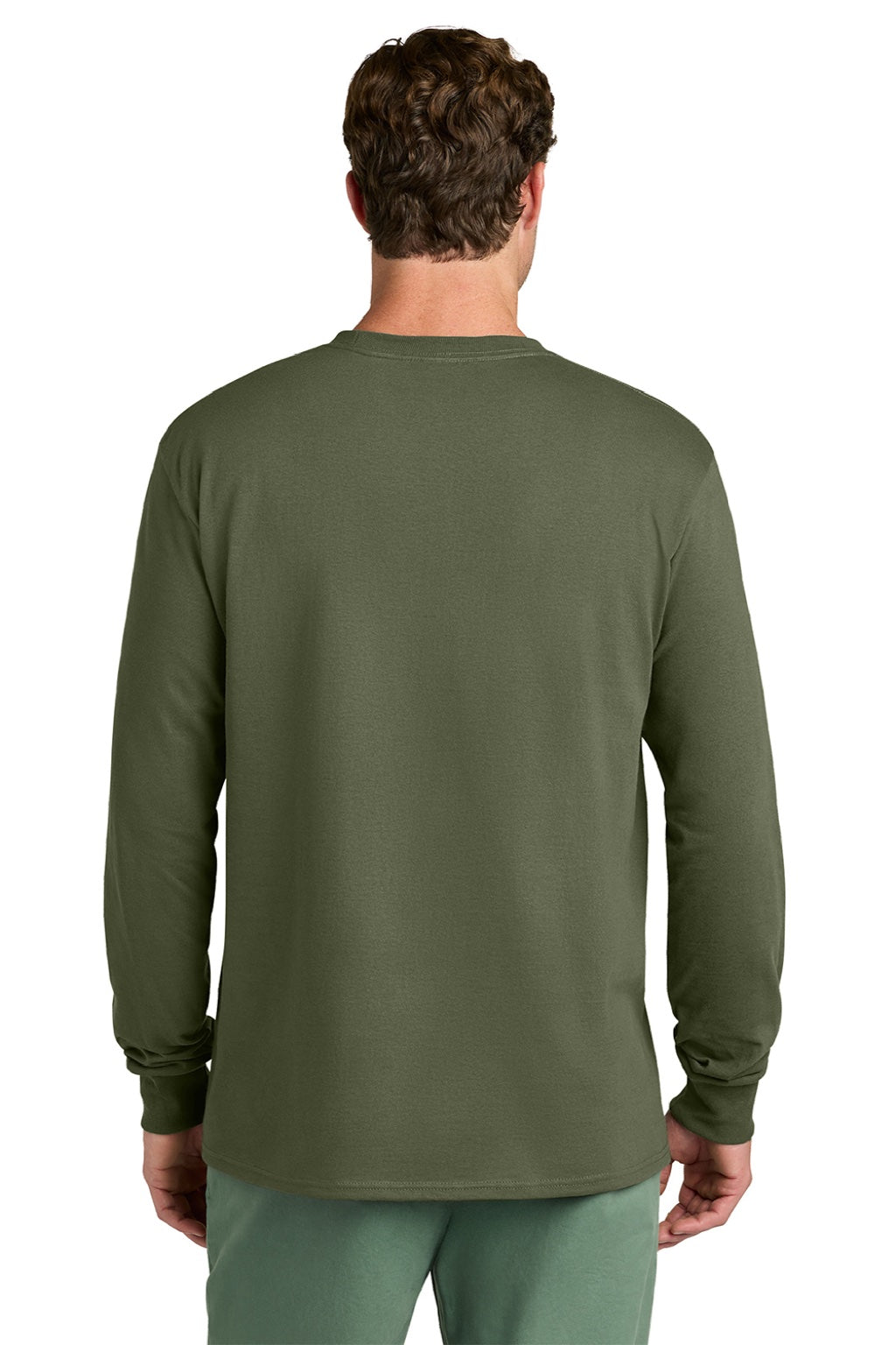Port & Company PC54LS Mens Core Long Sleeve Crewneck T-Shirt Olive Drab Green Model Back