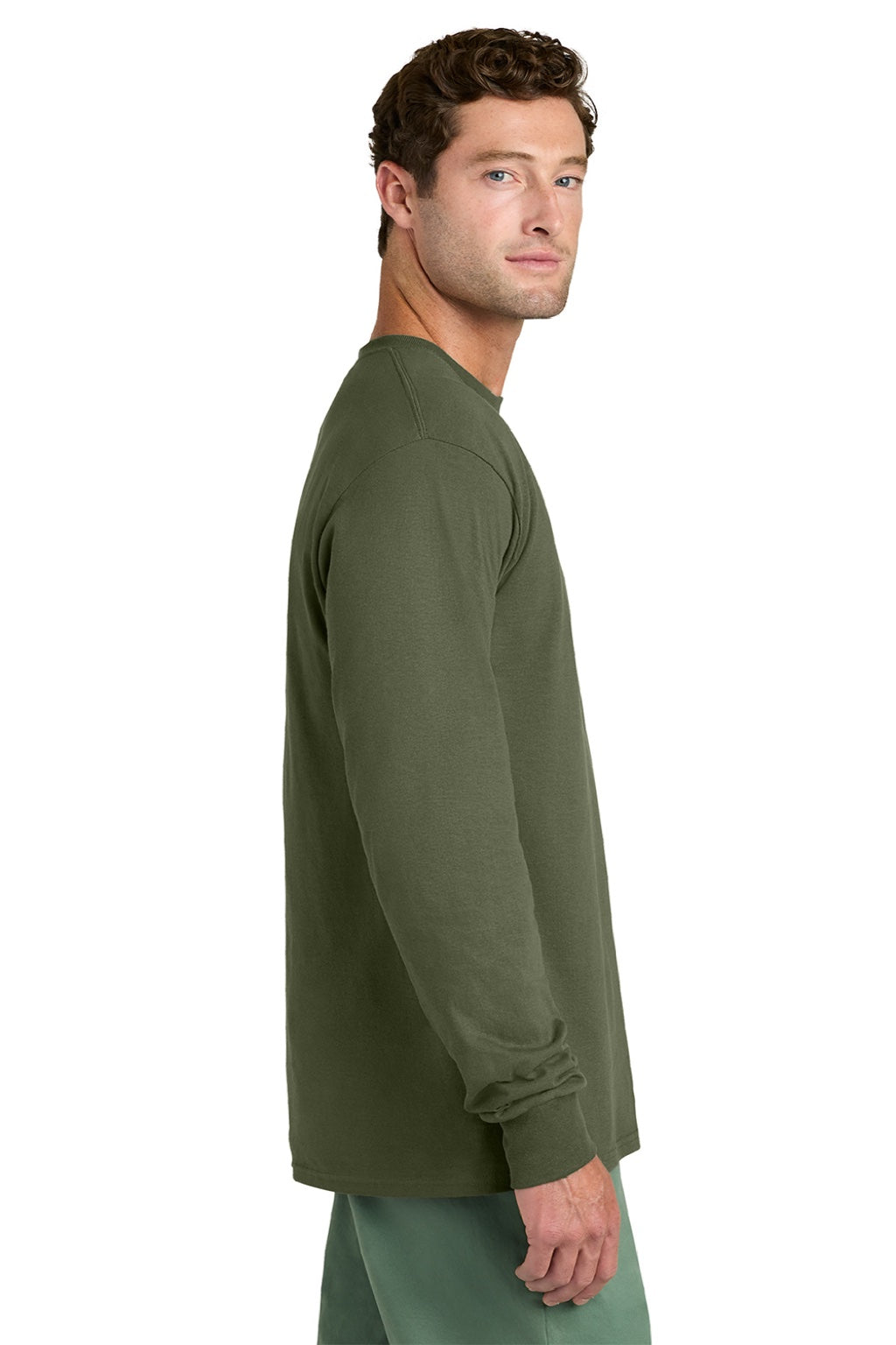 Port & Company PC54LS Mens Core Long Sleeve Crewneck T-Shirt Olive Drab Green Model Side