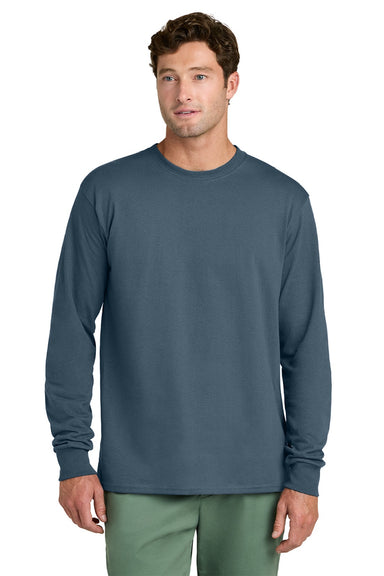 Port & Company PC54LS Mens Core Long Sleeve Crewneck T-Shirt Steel Blue Model Front