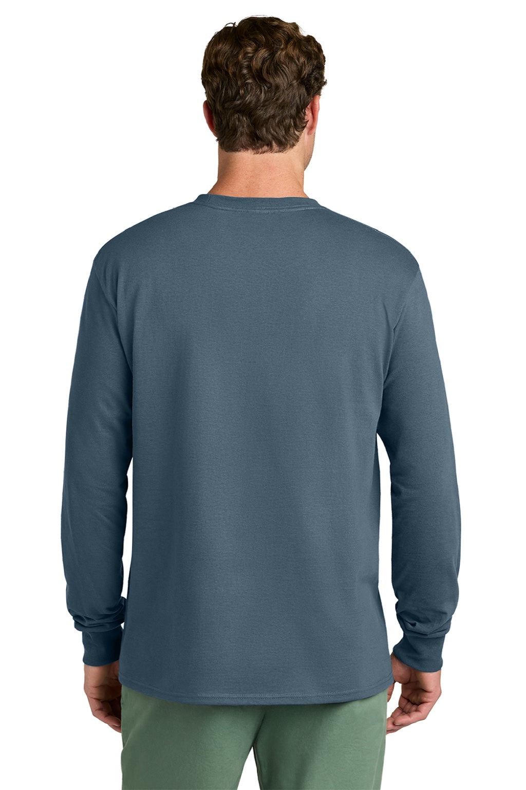 Port & Company PC54LS Mens Core Long Sleeve Crewneck T-Shirt Steel Blue Model Back