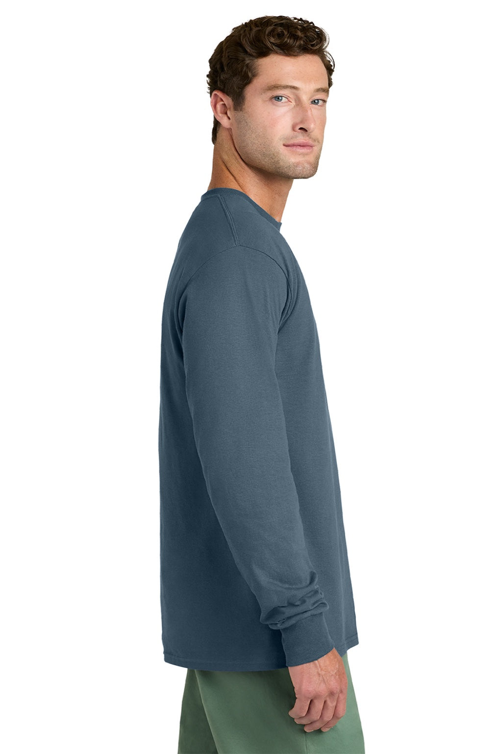 Port & Company PC54LS Mens Core Long Sleeve Crewneck T-Shirt Steel Blue Model Side