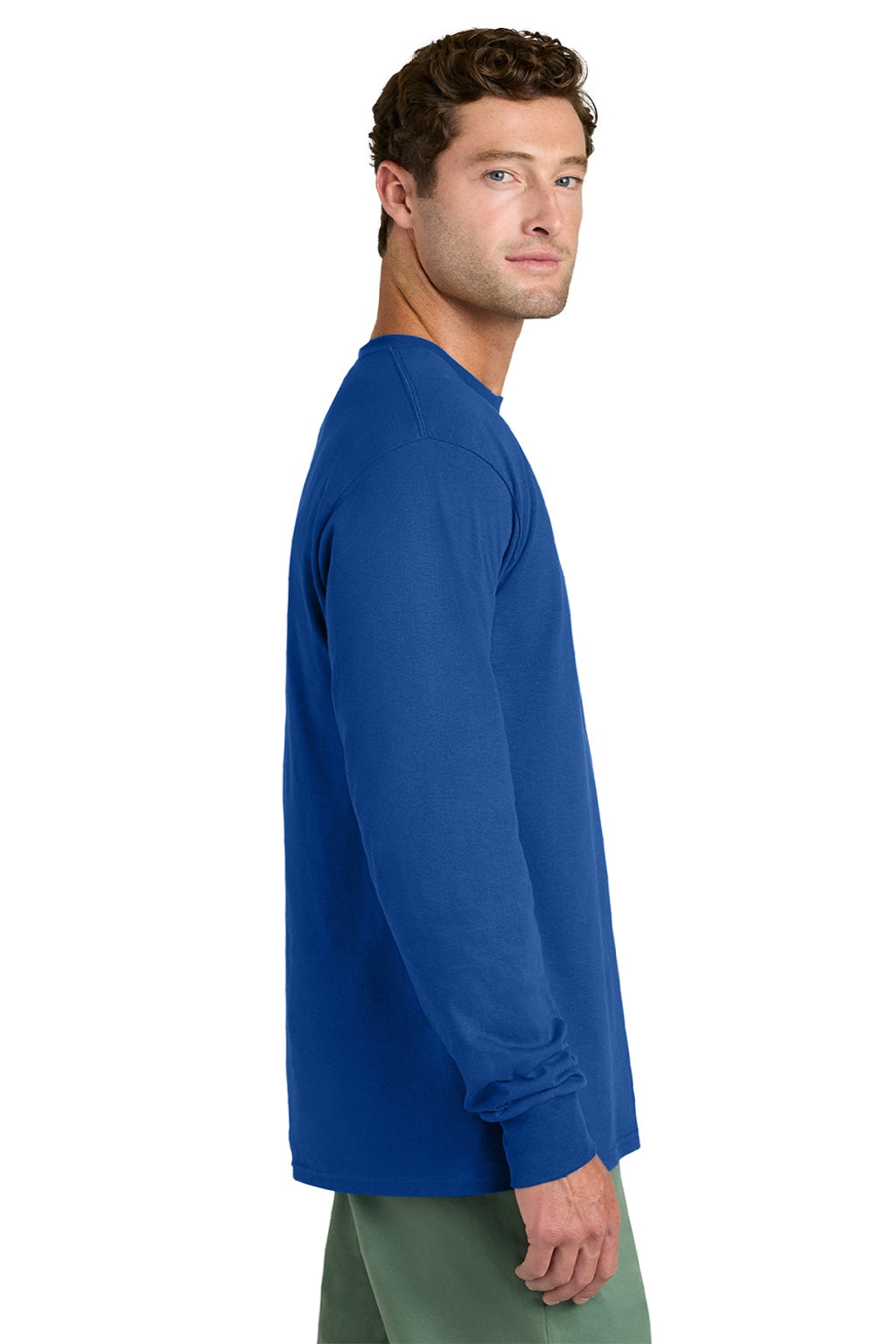 Port & Company PC54LS Mens Core Long Sleeve Crewneck T-Shirt True Royal Blue Model Side