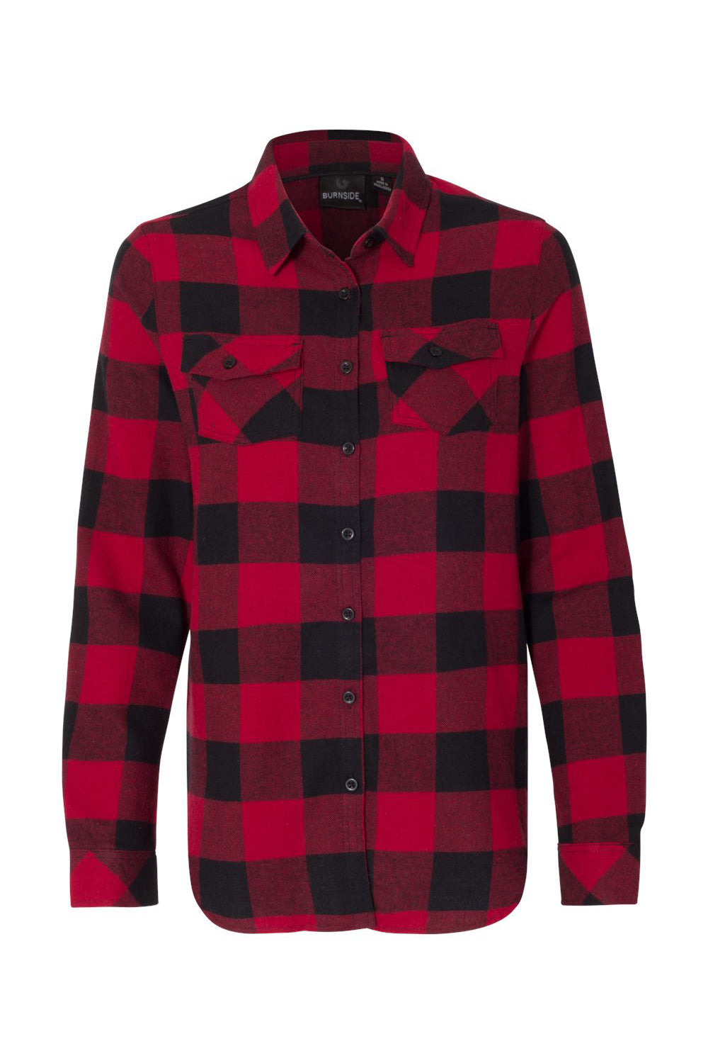 Burnside B5210/5210 Womens Boyfriend Flannel Long Sleeve Button Down Shirt w/ Double Pockets Red/Black Flat Front