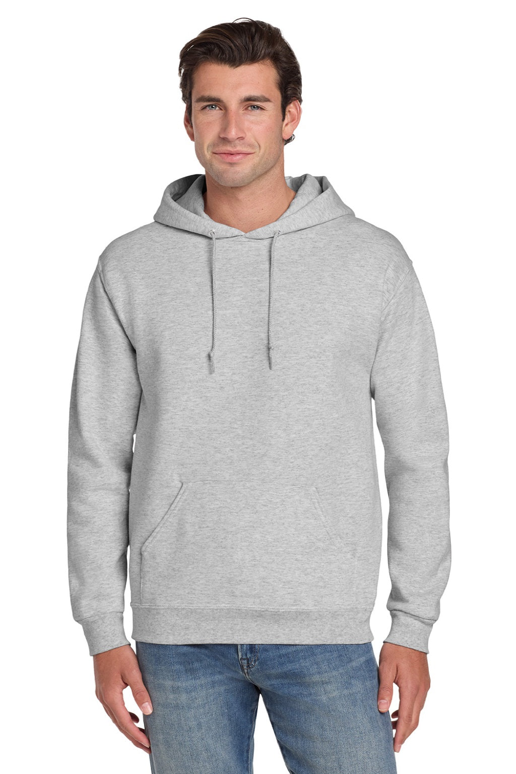 Jerzees 4997M/4997MR Mens Super Sweats NuBlend Pill Resistant Fleece Hooded Sweatshirt Hoodie w/ Pouch Pocket Ash Grey Model Front