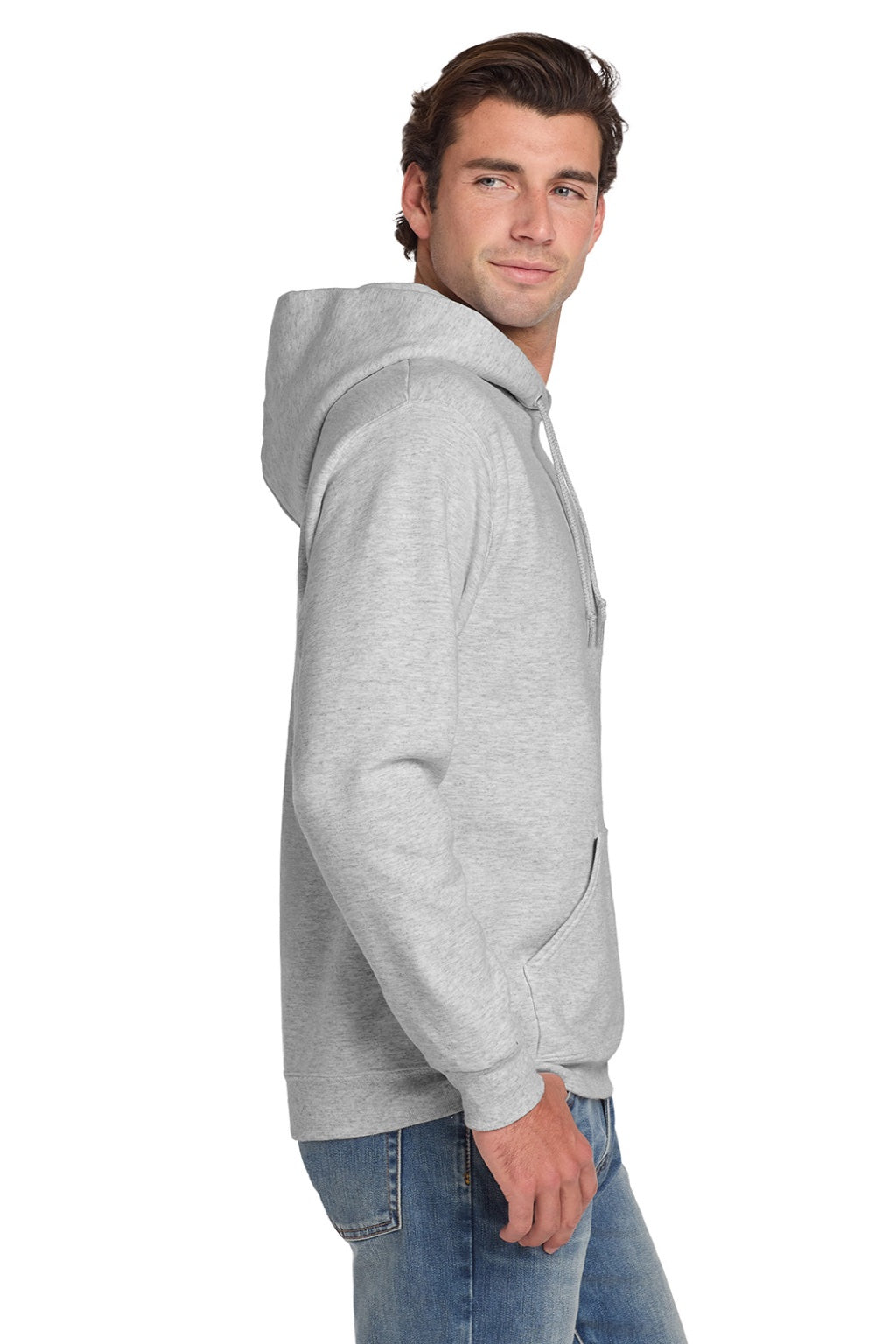 Jerzees 4997M/4997MR Mens Super Sweats NuBlend Pill Resistant Fleece Hooded Sweatshirt Hoodie w/ Pouch Pocket Ash Grey Model Side