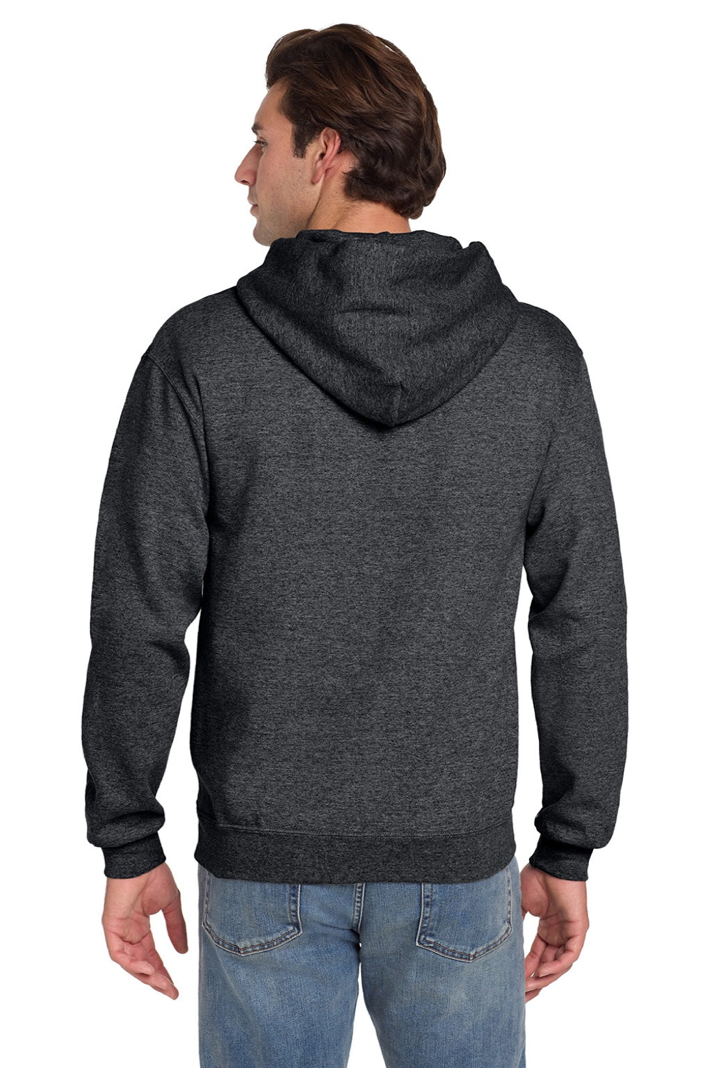 Jerzees 4997M/4997MR Mens Super Sweats NuBlend Pill Resistant Fleece Hooded Sweatshirt Hoodie w/ Pouch Pocket Heather Black Model Back