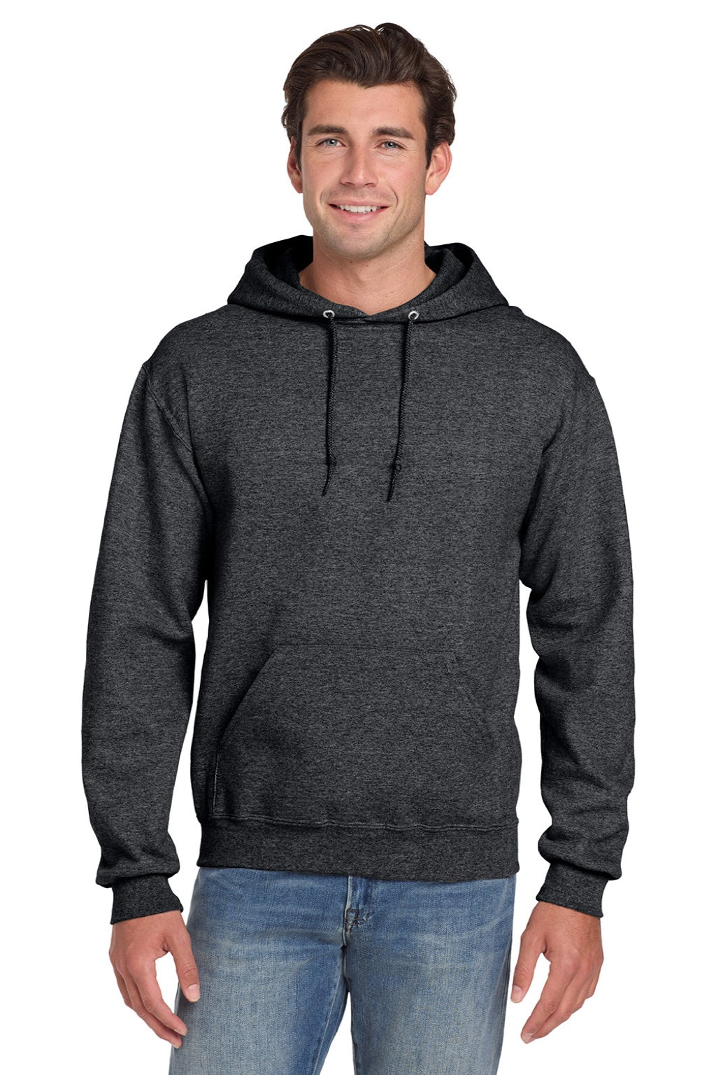 Jerzees 4997M/4997MR Mens Super Sweats NuBlend Pill Resistant Fleece Hooded Sweatshirt Hoodie w/ Pouch Pocket Heather Black Model Front