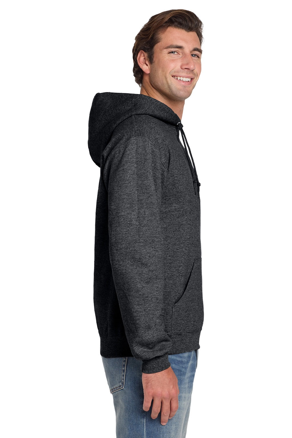 Jerzees 4997M/4997MR Mens Super Sweats NuBlend Pill Resistant Fleece Hooded Sweatshirt Hoodie w/ Pouch Pocket Heather Black Model Side