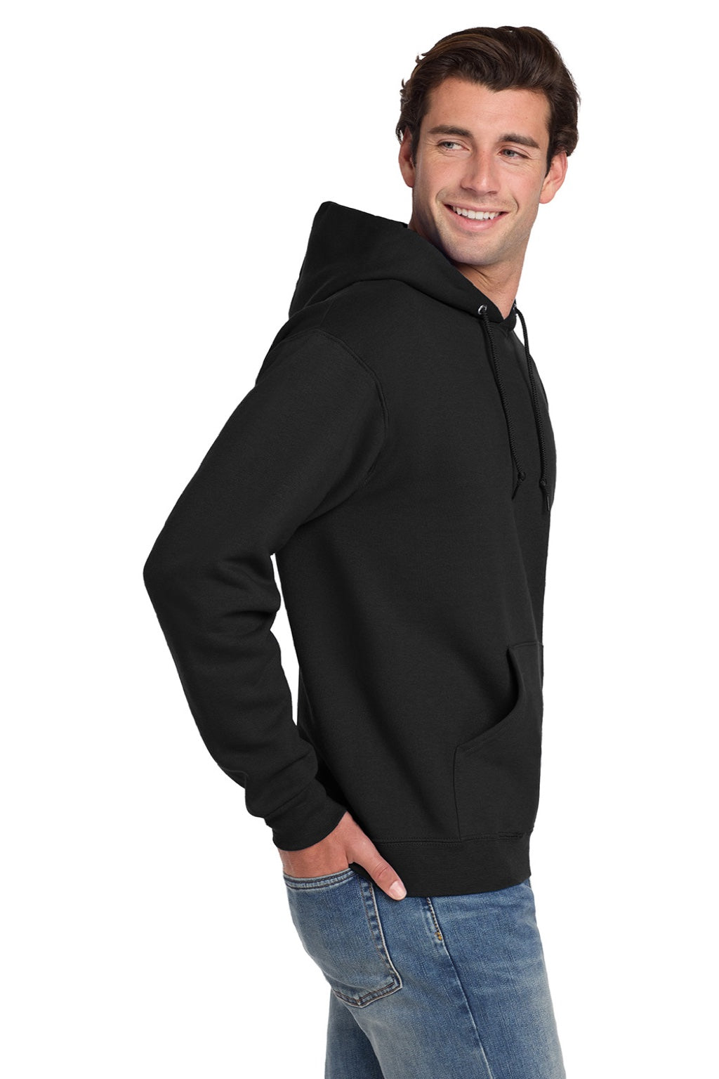 Jerzees 4997M/4997MR Mens Super Sweats NuBlend Pill Resistant Fleece Hooded Sweatshirt Hoodie w/ Pouch Pocket Black Model Side