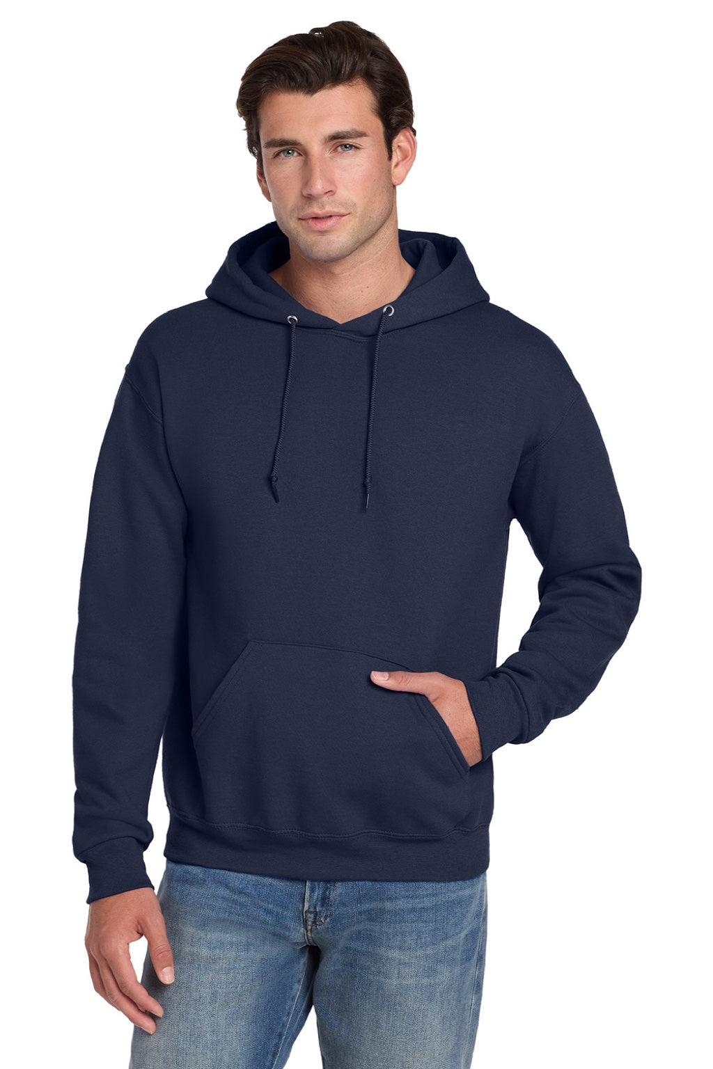 Jerzees 4997M/4997MR Mens Super Sweats NuBlend Pill Resistant Fleece Hooded Sweatshirt Hoodie w/ Pouch Pocket Navy Blue Model Front