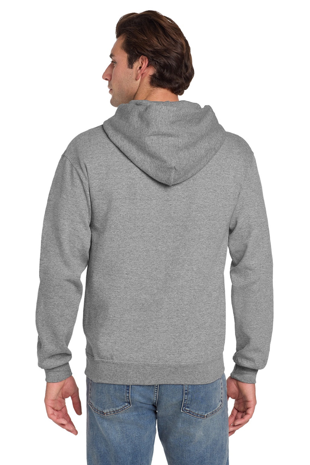 Jerzees 4997M/4997MR Mens Super Sweats NuBlend Pill Resistant Fleece Hooded Sweatshirt Hoodie w/ Pouch Pocket Oxford Grey Model Back