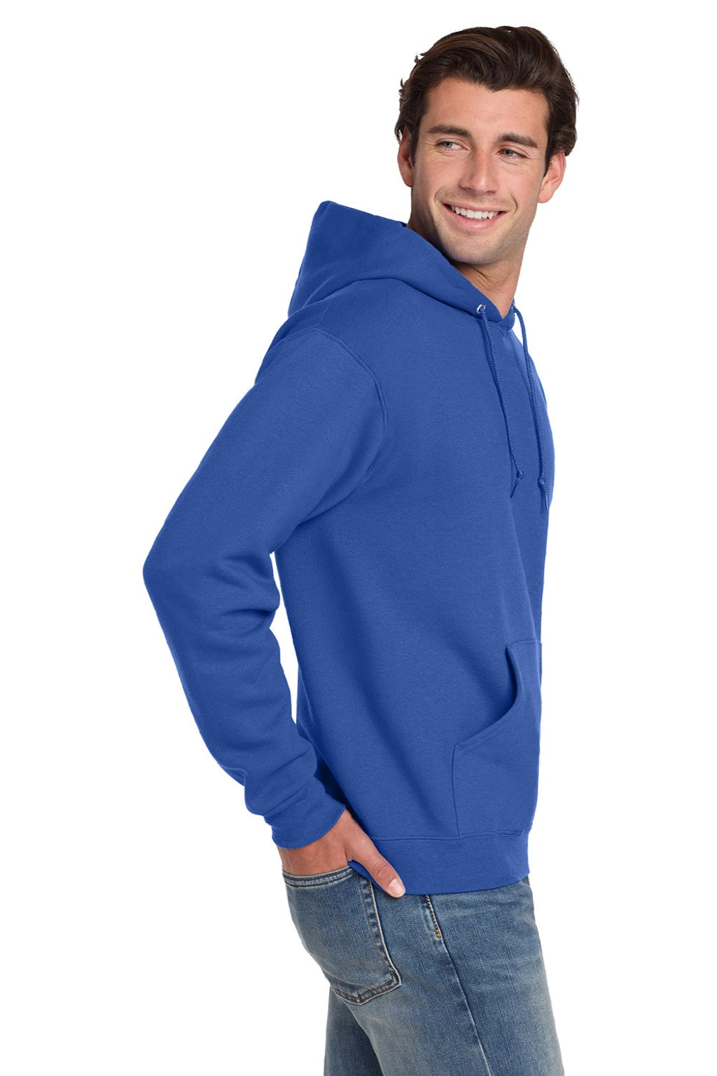 Jerzees 4997M/4997MR Mens Super Sweats NuBlend Pill Resistant Fleece Hooded Sweatshirt Hoodie w/ Pouch Pocket Royal Blue Model Side