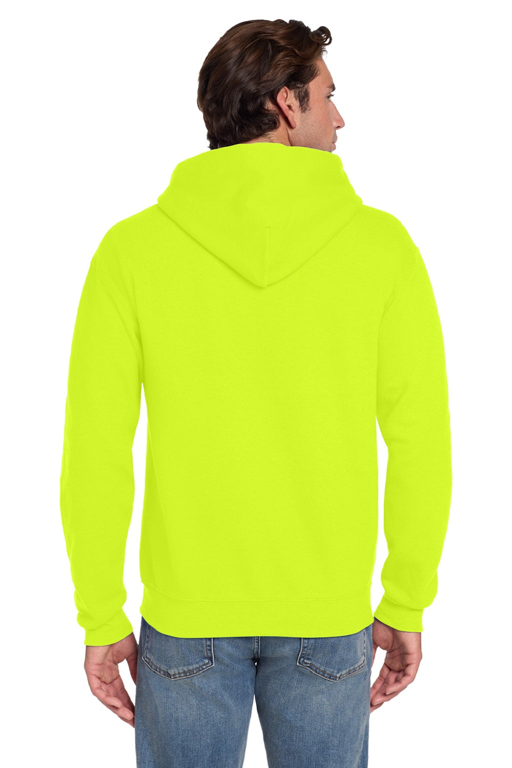 Jerzees 4997M/4997MR Mens Super Sweats NuBlend Pill Resistant Fleece Hooded Sweatshirt Hoodie w/ Pouch Pocket Safety Green Model Back