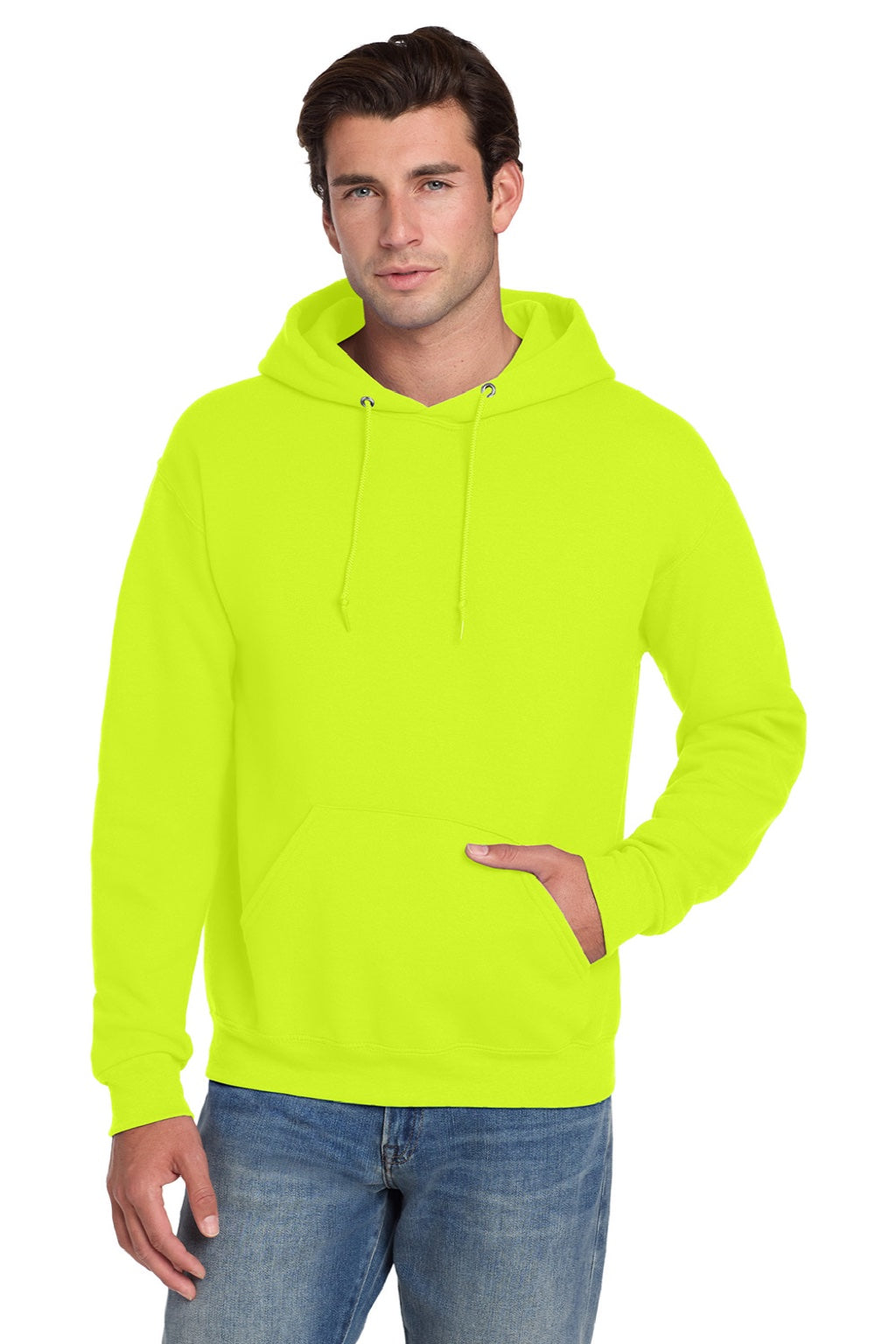 Jerzees 4997M/4997MR Mens Super Sweats NuBlend Pill Resistant Fleece Hooded Sweatshirt Hoodie w/ Pouch Pocket Safety Green Model Front