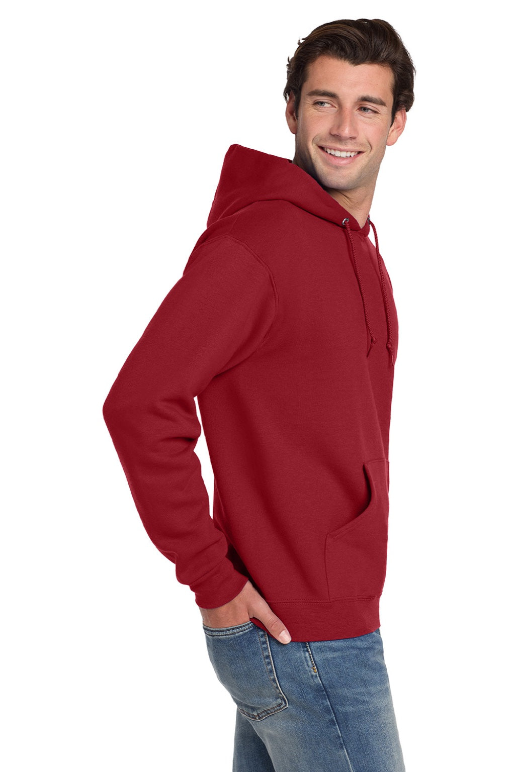 Jerzees 4997M/4997MR Mens Super Sweats NuBlend Pill Resistant Fleece Hooded Sweatshirt Hoodie w/ Pouch Pocket True Red Model Side