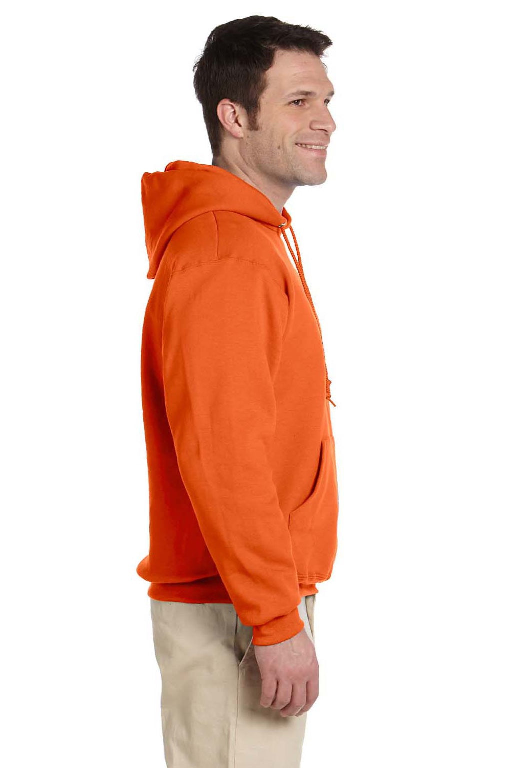 Jerzees 4997M/4997MR Mens Super Sweats NuBlend Pill Resistant Fleece Hooded Sweatshirt Hoodie w/ Pouch Pocket Safety Orange Model Side