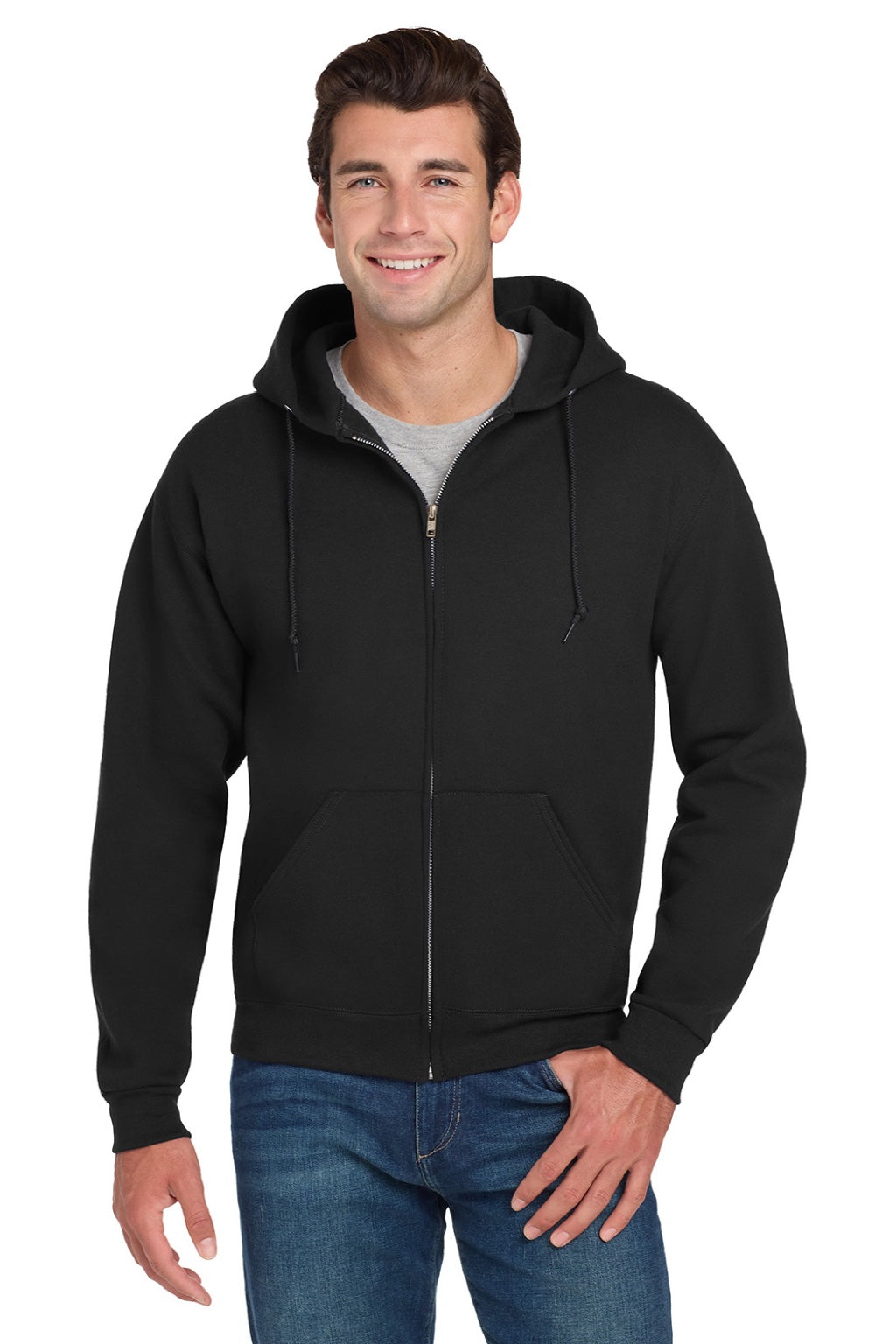 Jerzees 4999M/4999MR Mens Super Sweats NuBlend Pill Resistant Fleece Full Zip Hooded Sweatshirt Hoodie w/ Pockets Black Model Front