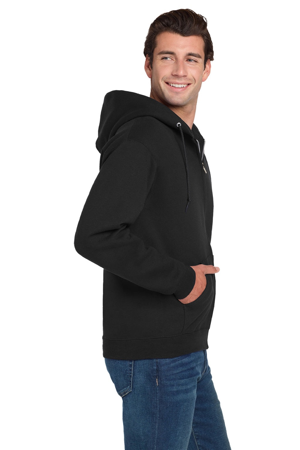 Jerzees 4999M/4999MR Mens Super Sweats NuBlend Pill Resistant Fleece Full Zip Hooded Sweatshirt Hoodie w/ Pockets Black Model Side