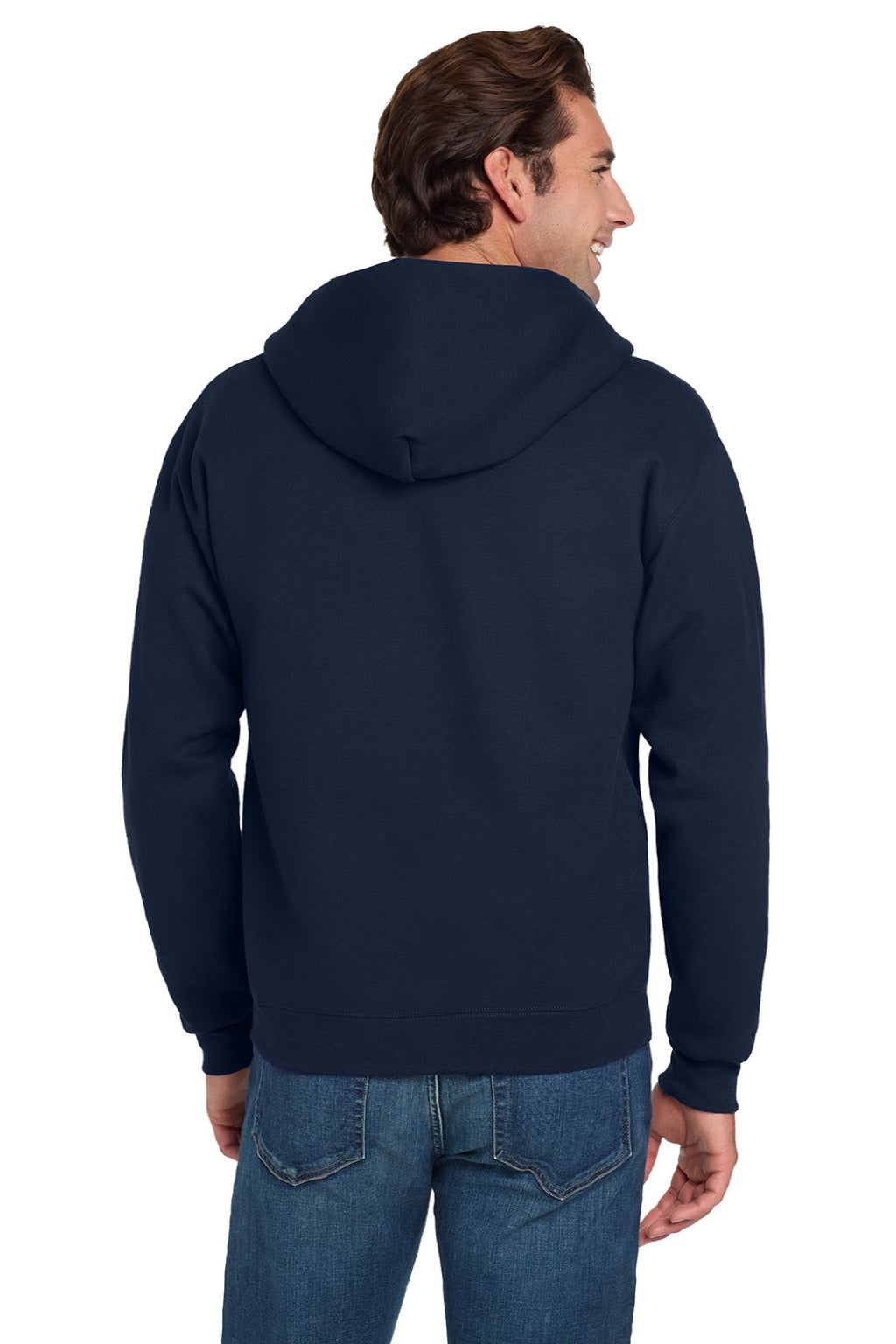 Jerzees 4999M/4999MR Mens Super Sweats NuBlend Pill Resistant Fleece Full Zip Hooded Sweatshirt Hoodie w/ Pockets Navy Blue Model Back