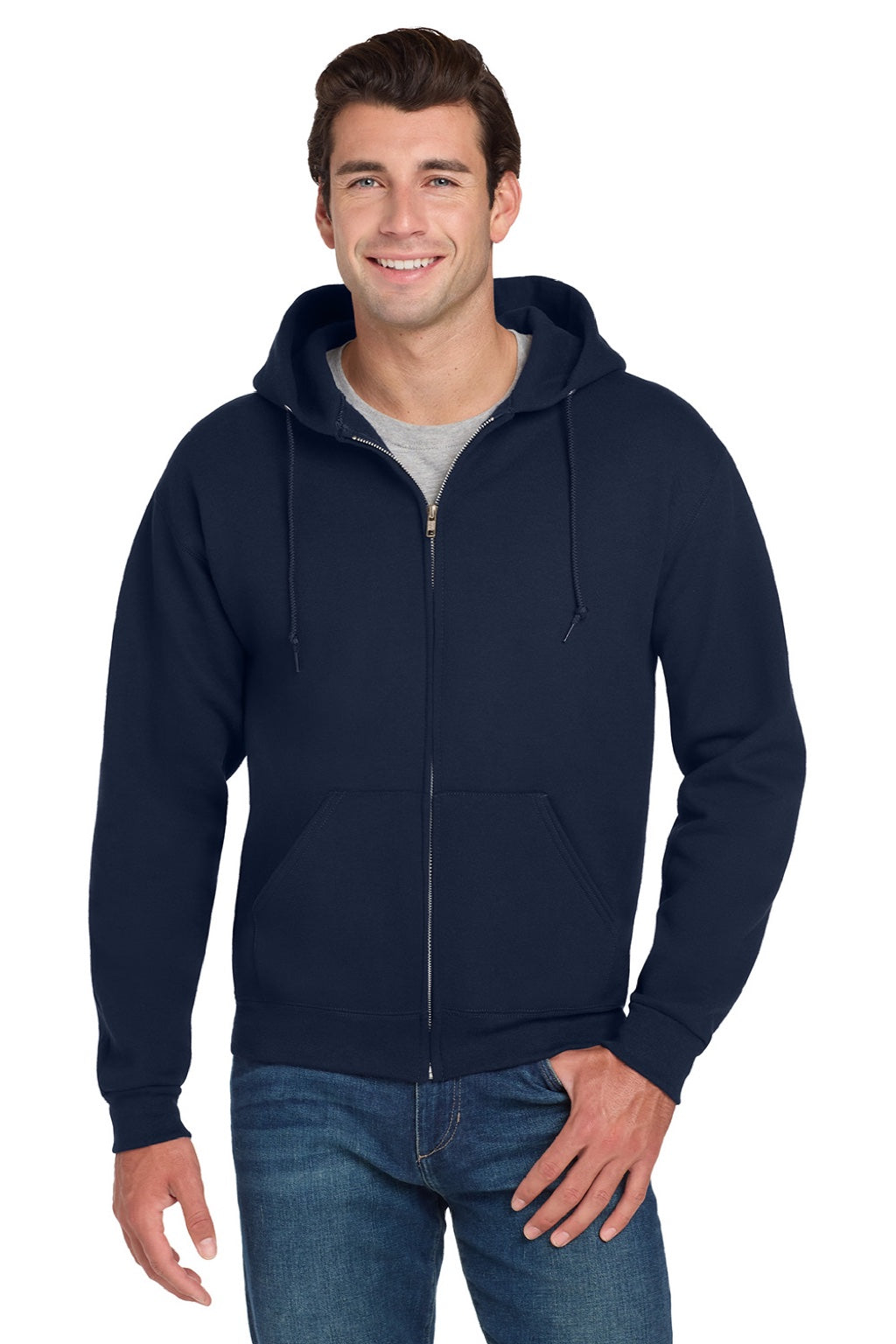 Jerzees 4999M/4999MR Mens Super Sweats NuBlend Pill Resistant Fleece Full Zip Hooded Sweatshirt Hoodie w/ Pockets Navy Blue Model Front