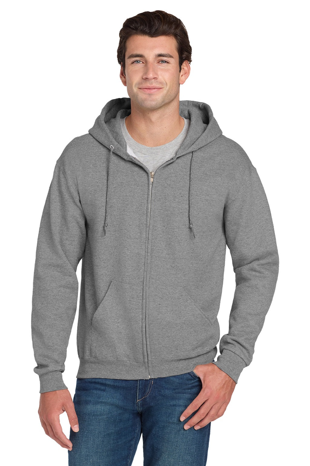 Jerzees 4999M/4999MR Mens Super Sweats NuBlend Pill Resistant Fleece Full Zip Hooded Sweatshirt Hoodie w/ Pockets Oxford Grey Model Front