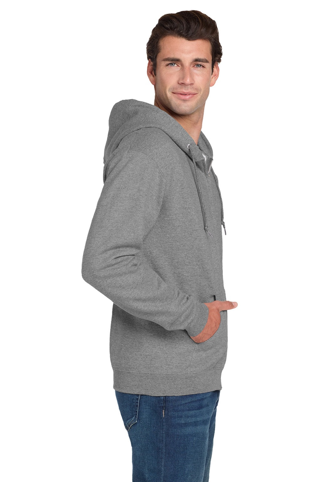 Jerzees 4999M/4999MR Mens Super Sweats NuBlend Pill Resistant Fleece Full Zip Hooded Sweatshirt Hoodie w/ Pockets Oxford Grey Model Side