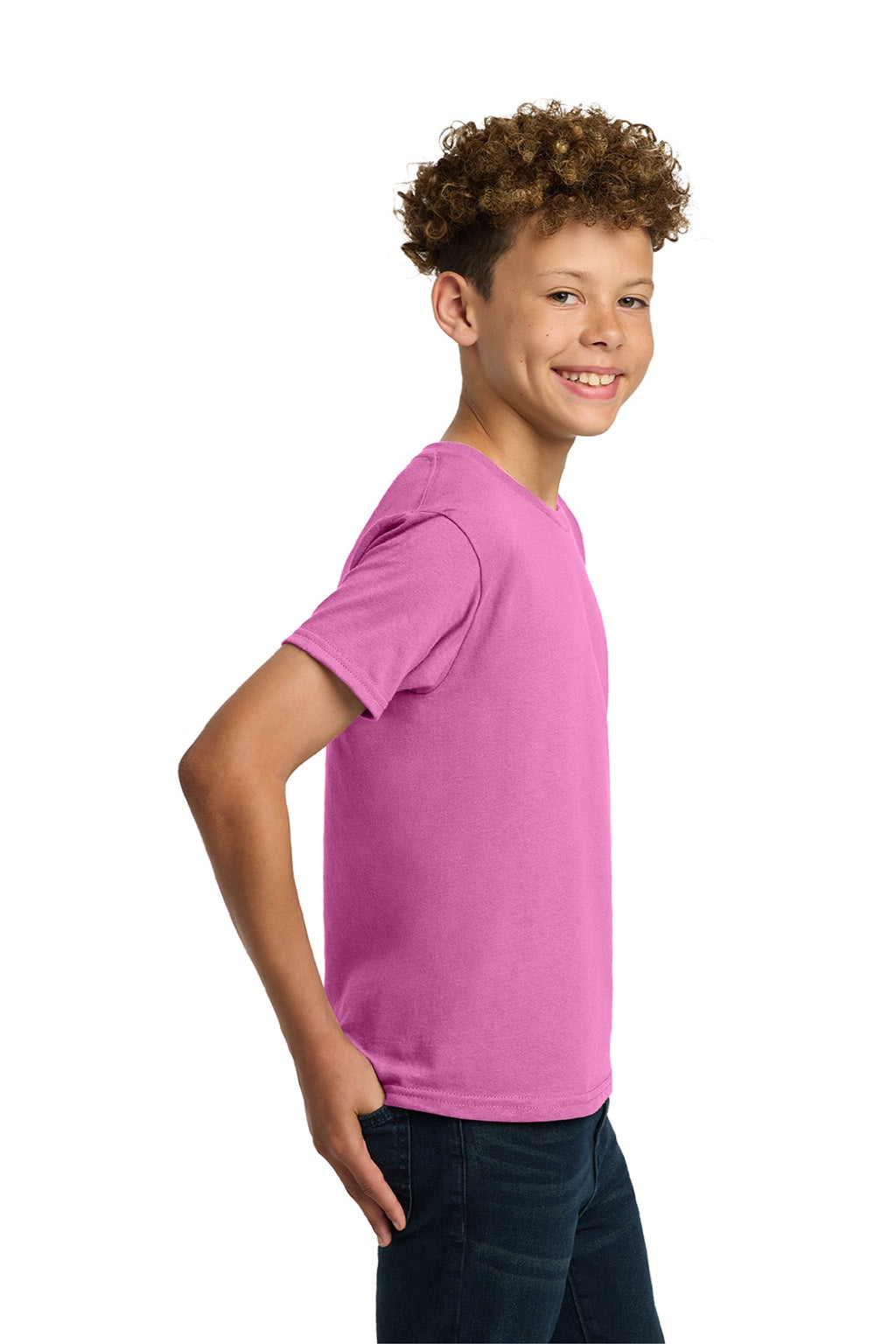Gildan 5000B Youth Short Sleeve Crewneck T-Shirt Azalea Pink Model Side