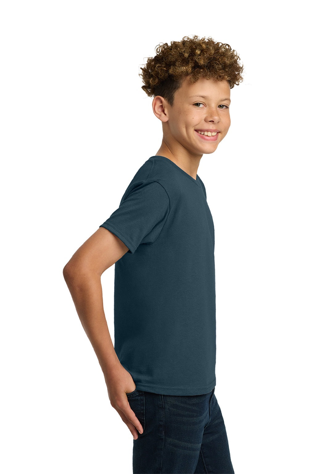 Gildan 5000B Youth Short Sleeve Crewneck T-Shirt Dusk Blue Model Side