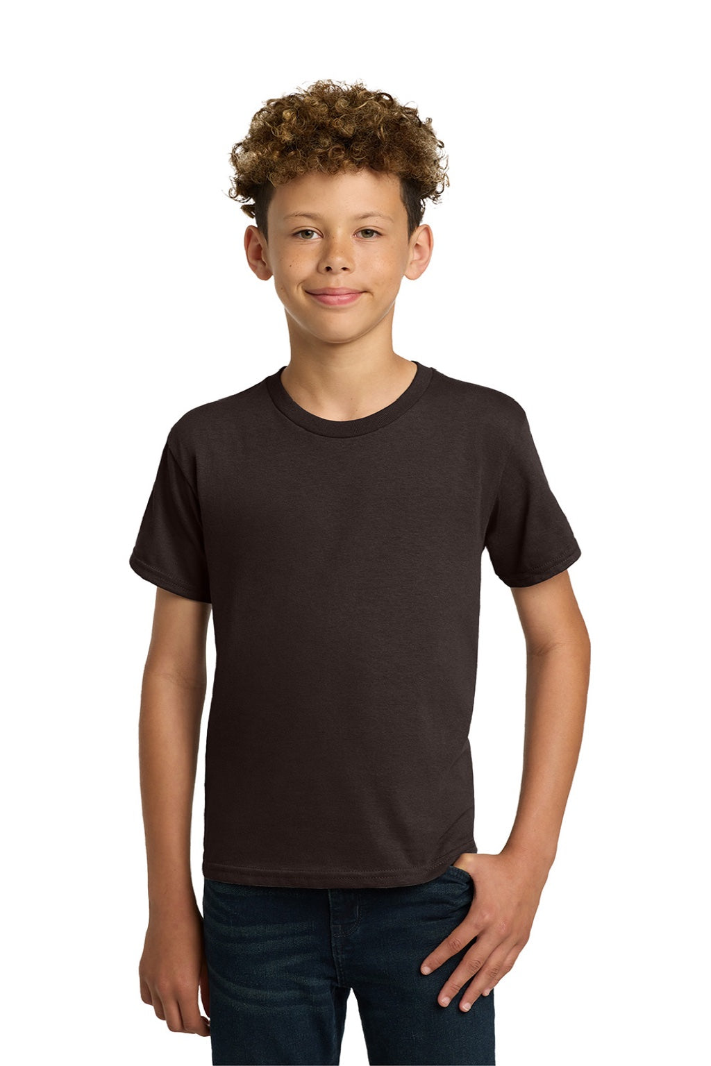 Gildan 5000B Youth Short Sleeve Crewneck T-Shirt Dark Chocolate Brown Model Front