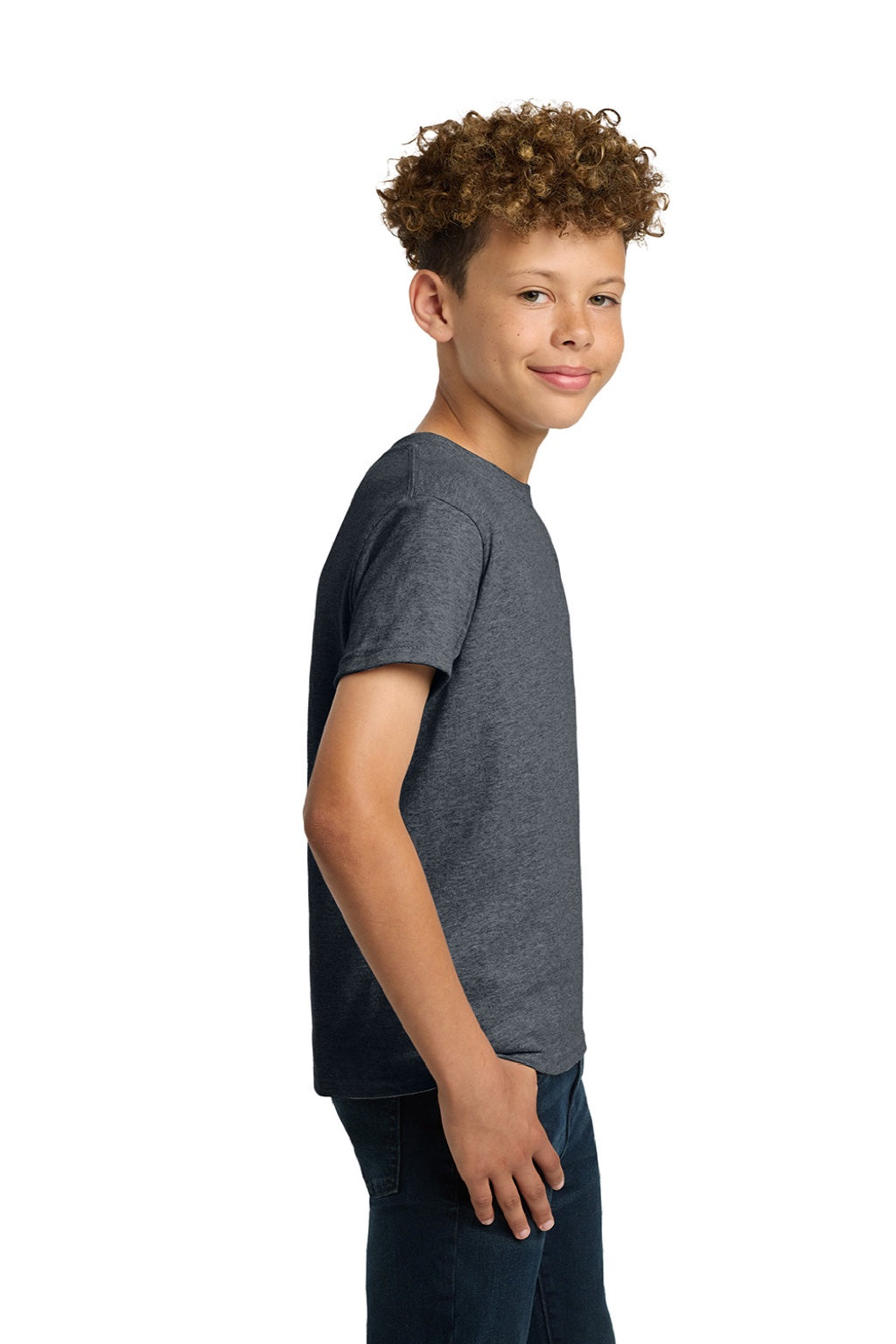 Gildan 5000B Youth Short Sleeve Crewneck T-Shirt Heather Dark Grey Model Side