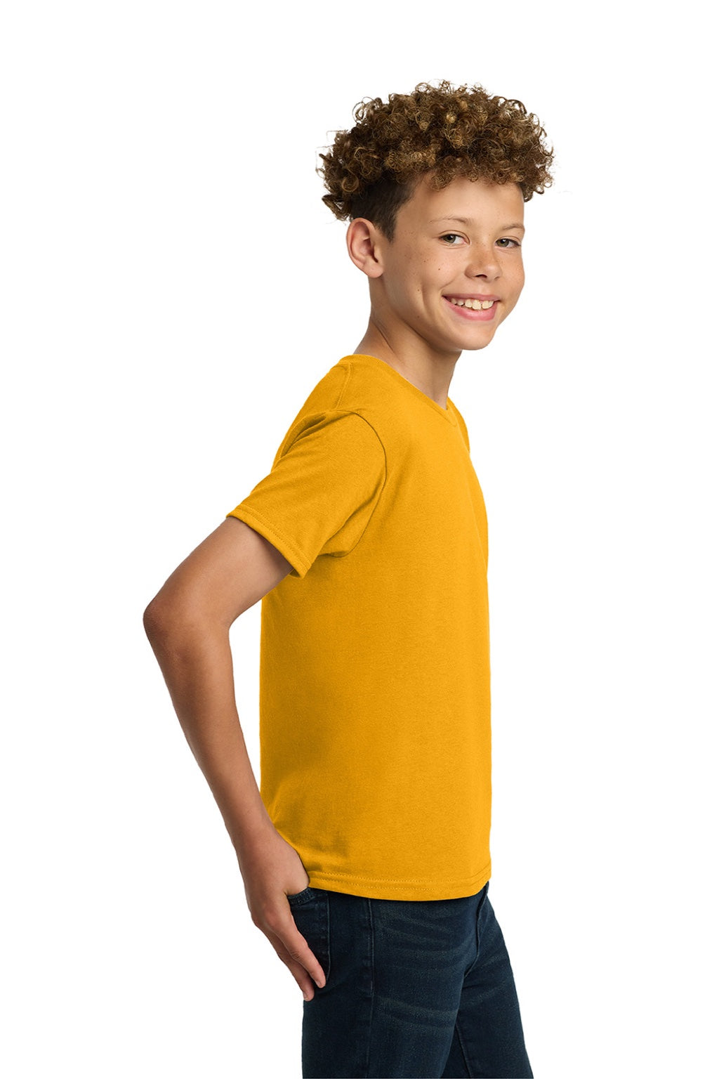 Gildan 5000B Youth Short Sleeve Crewneck T-Shirt Gold Model Side