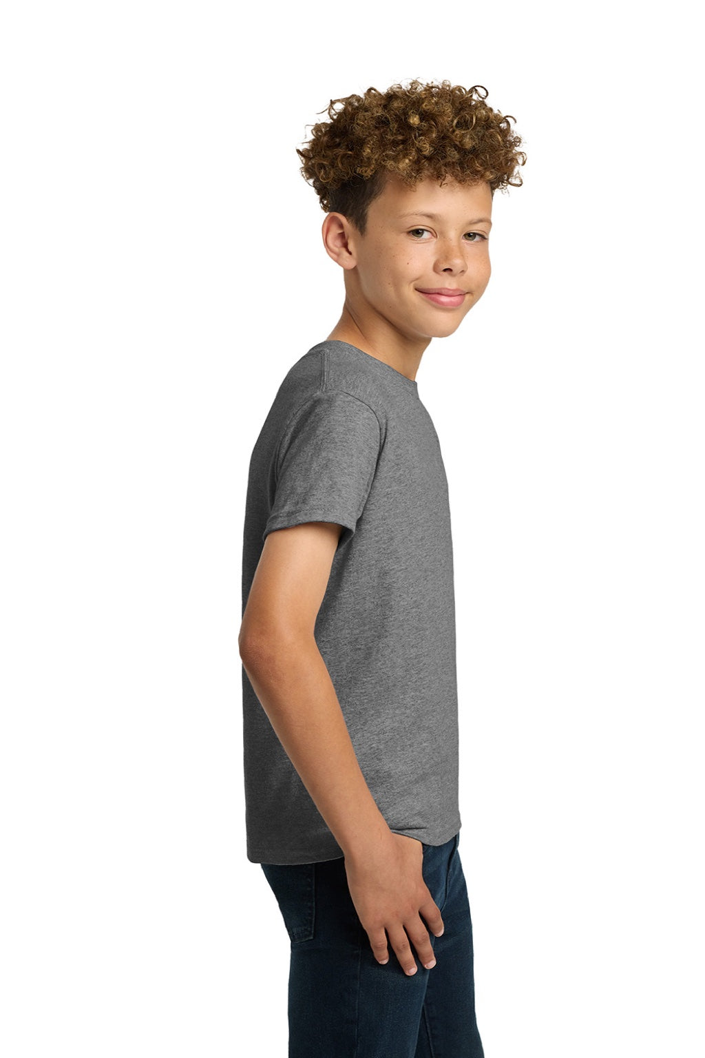 Gildan 5000B Youth Short Sleeve Crewneck T-Shirt Heather Graphite Grey Model Side