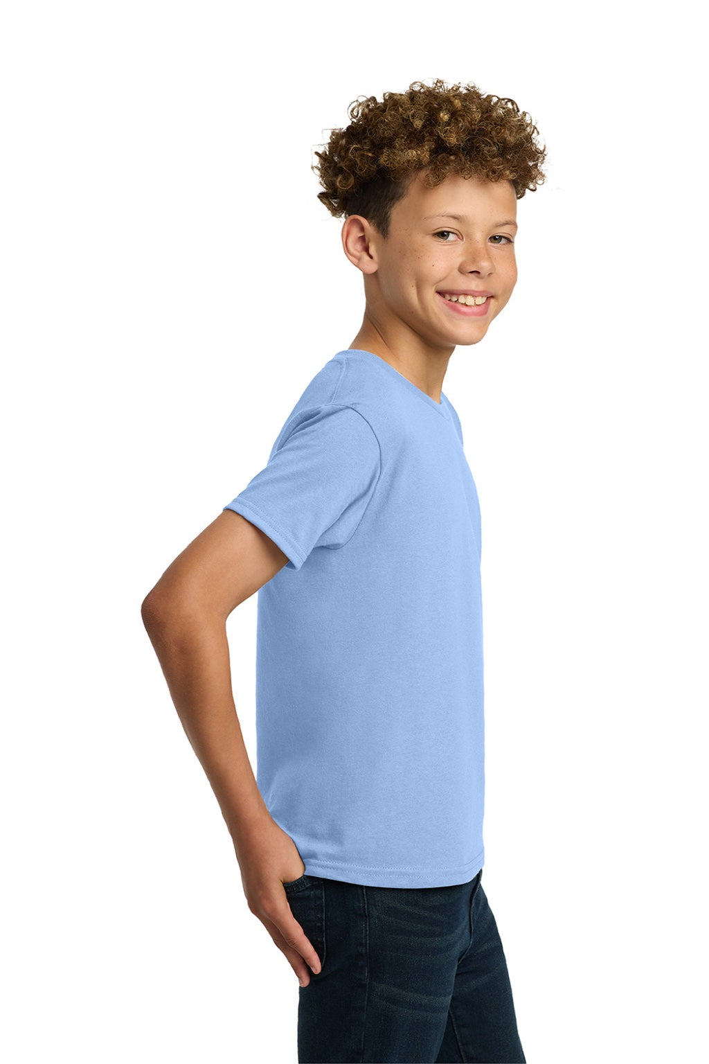 Gildan 5000B Youth Short Sleeve Crewneck T-Shirt Light Blue Model Side
