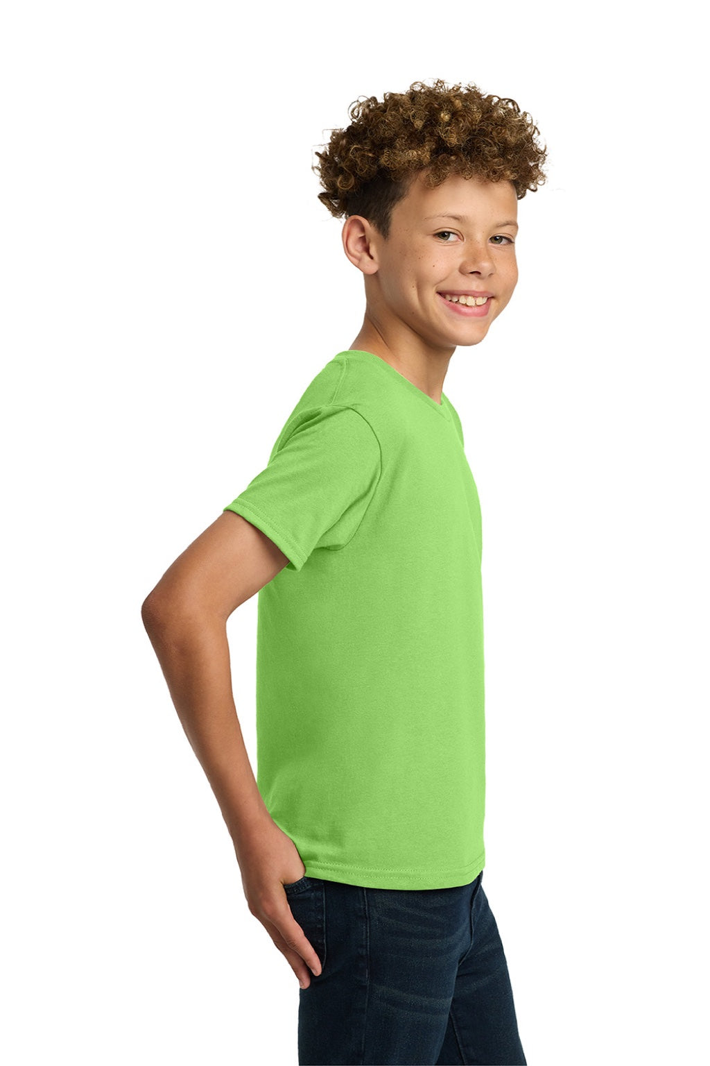 Gildan 5000B Youth Short Sleeve Crewneck T-Shirt Lime Green Model Side