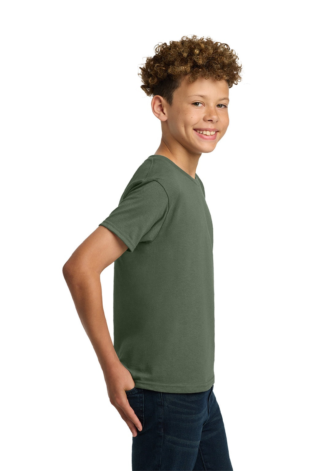 Gildan 5000B Youth Short Sleeve Crewneck T-Shirt Military Green Model Side