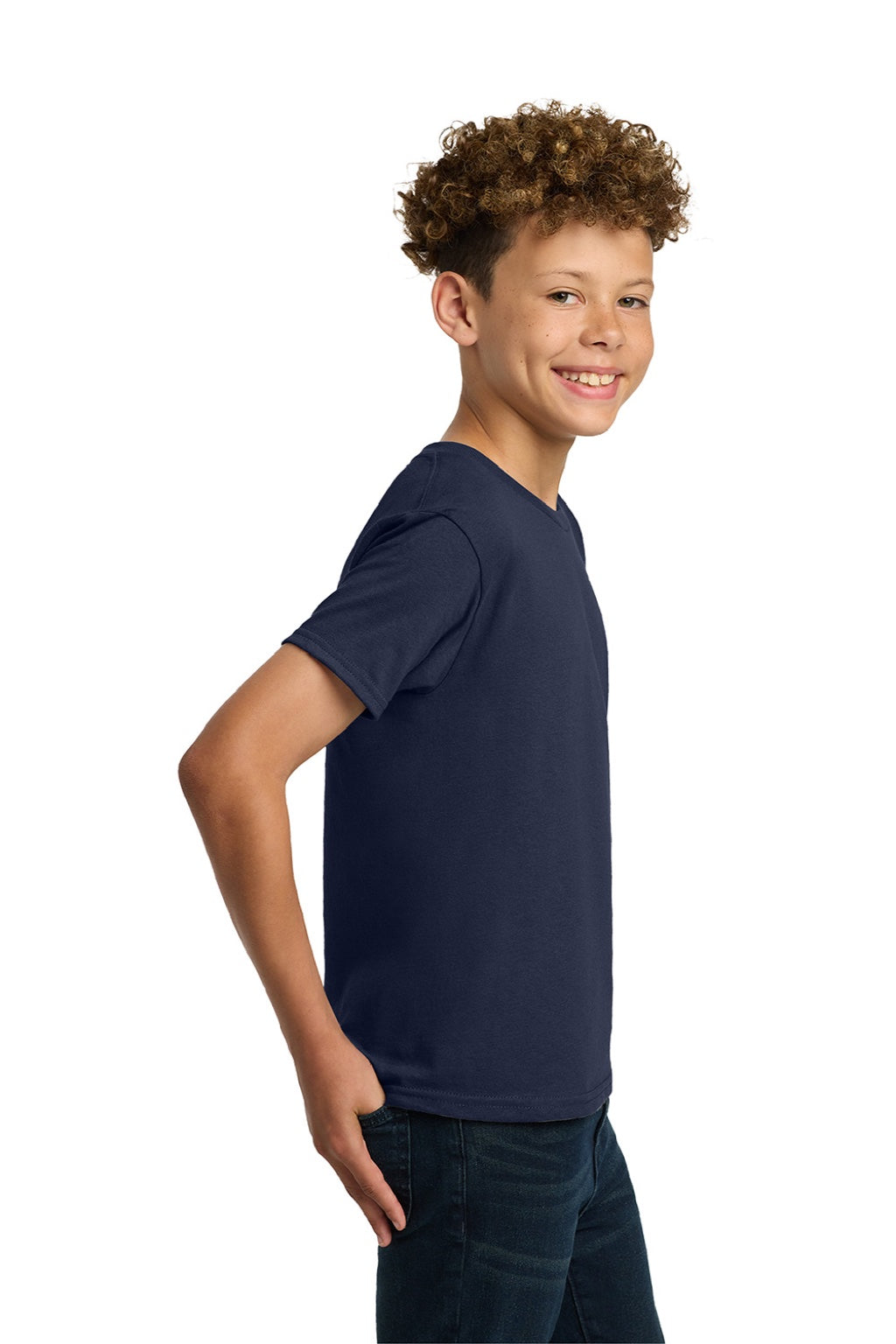 Gildan 5000B Youth Short Sleeve Crewneck T-Shirt Navy Blue Model Side