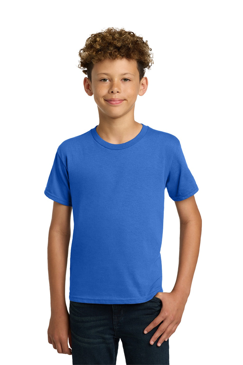 Gildan 5000B Youth Short Sleeve Crewneck T-Shirt Neon Blue Model Front