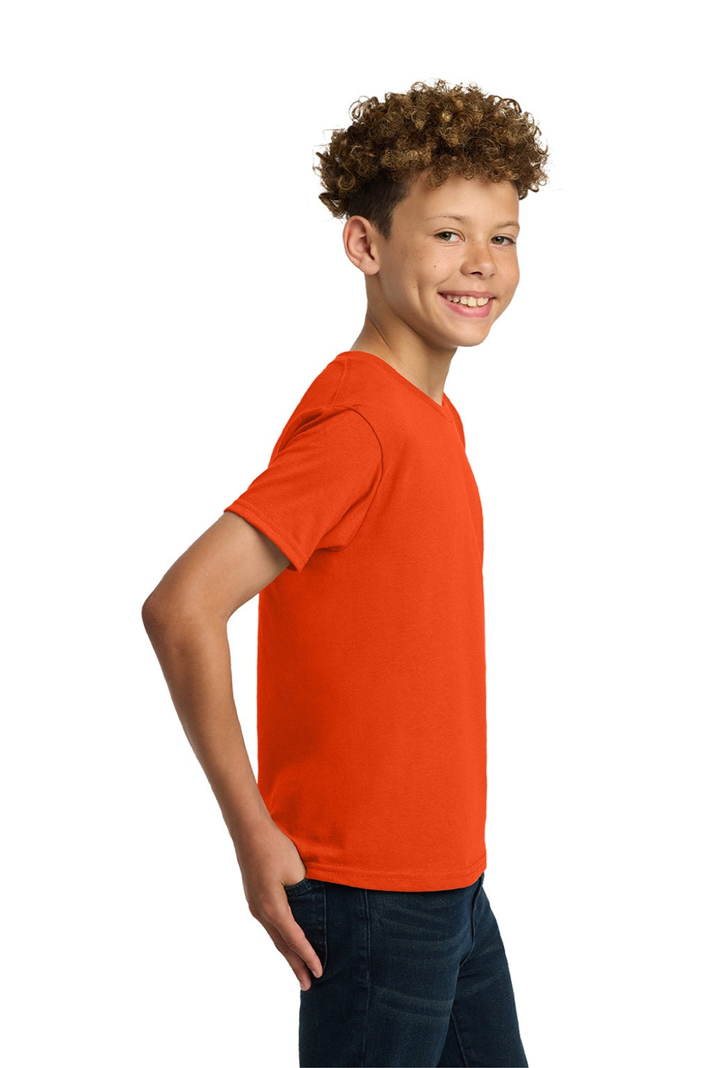 Gildan 5000B Youth Short Sleeve Crewneck T-Shirt Orange Model Side