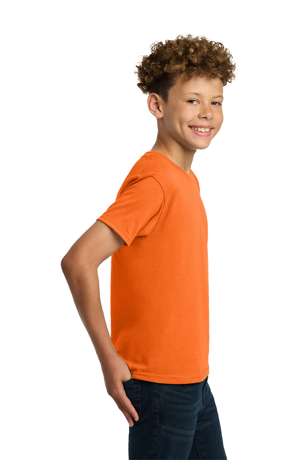 Gildan 5000B Youth Short Sleeve Crewneck T-Shirt Safety Orange Model Side
