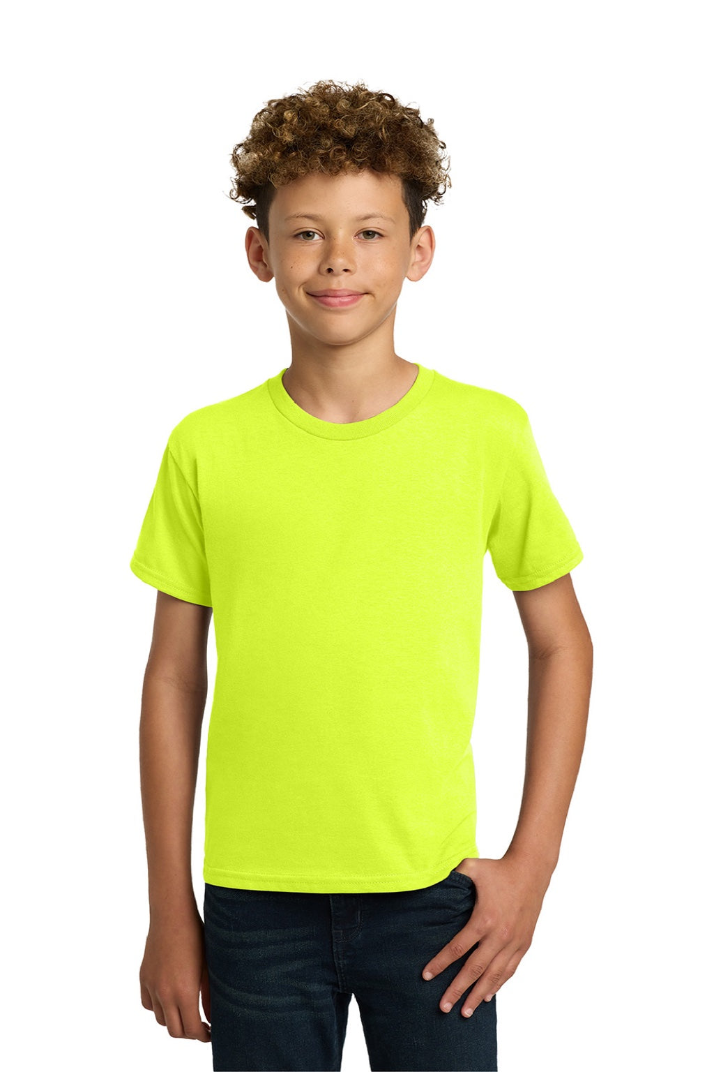 Gildan 5000B Youth Short Sleeve Crewneck T-Shirt Safety Green Model Front