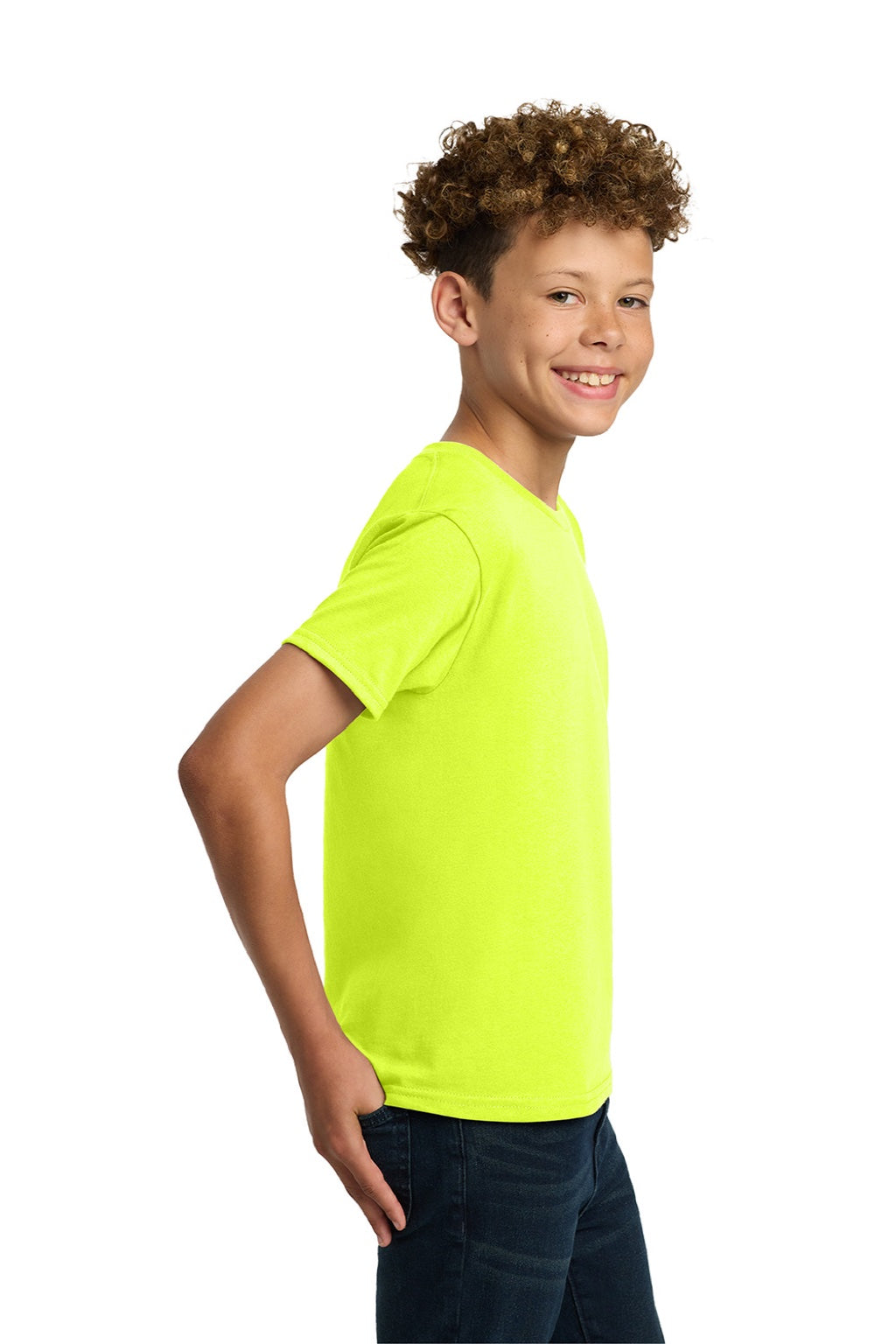 Gildan 5000B Youth Short Sleeve Crewneck T-Shirt Safety Green Model Side