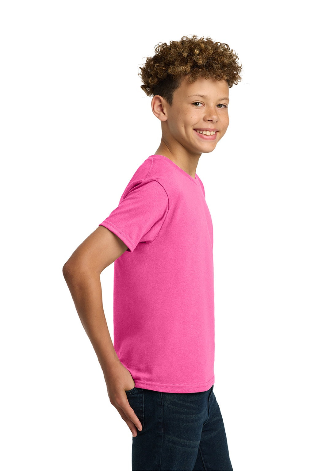 Gildan 5000B Youth Short Sleeve Crewneck T-Shirt Safety Pink Model Side
